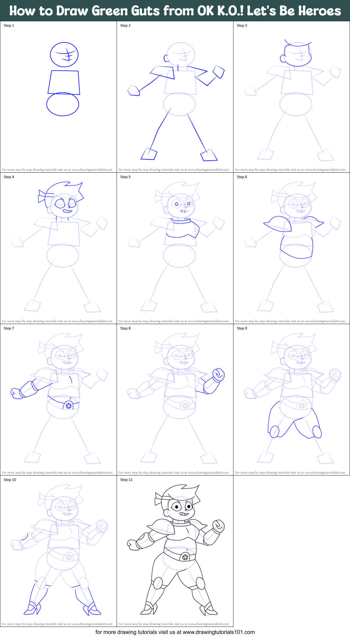 How to Draw Green Guts from OK K.O.! Let's Be Heroes Printable Step by Step