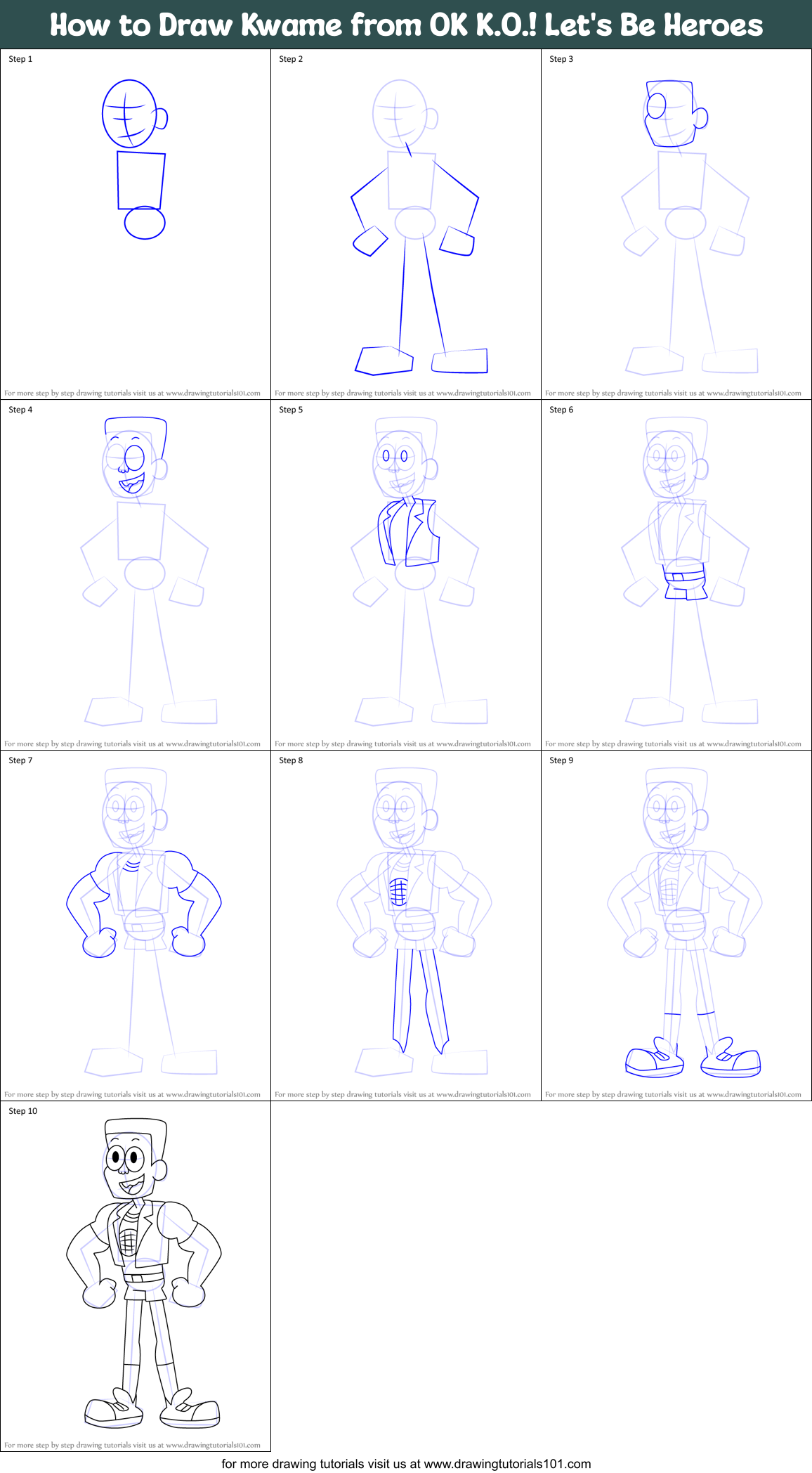 How to Draw Kwame from OK K.O.! Let's Be Heroes Printable Step by Step