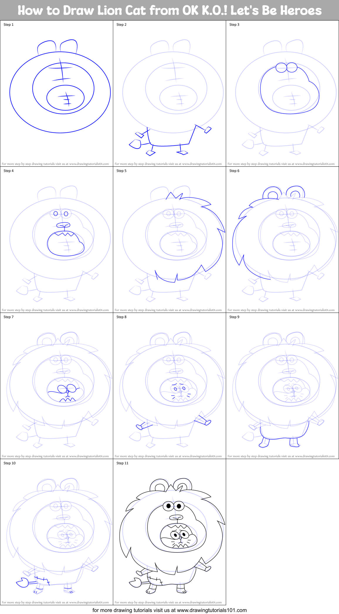 How to Draw Lion Cat from OK K.O.! Let's Be Heroes Printable Step by Step