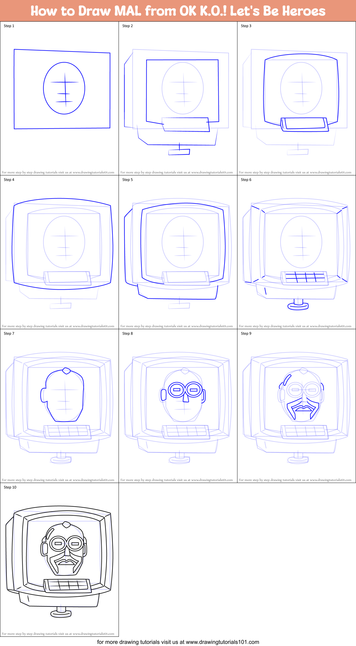 How to Draw MAL from OK K.O.! Let's Be Heroes Printable Step by Step