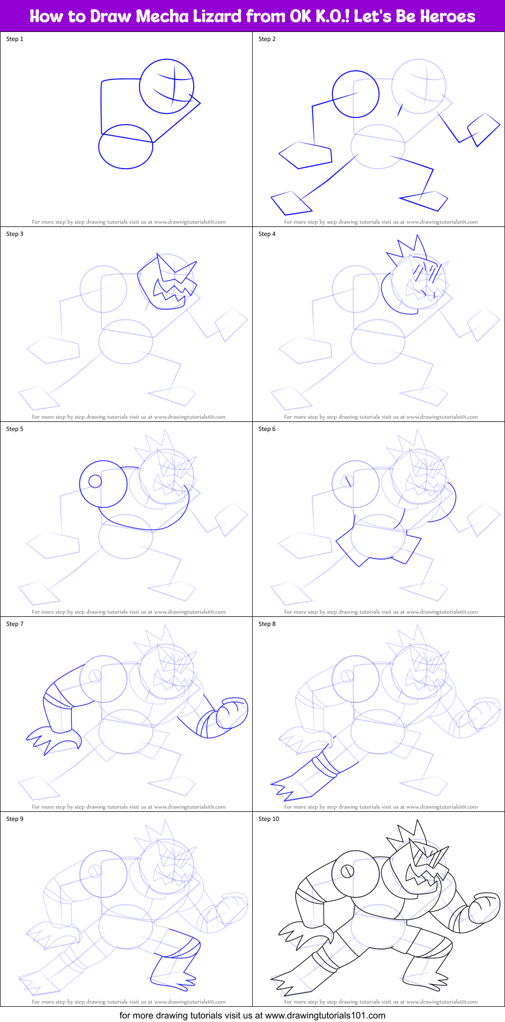 How to Draw Mecha Lizard from OK K.O.! Let's Be Heroes Printable Step by Step
