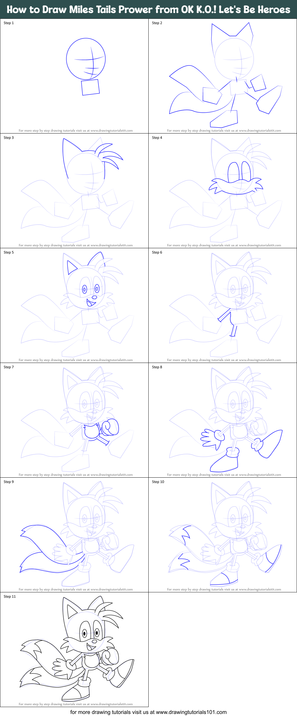 How to Draw Miles Tails Prower from OK K.O.! Let's Be Heroes Printable Step by Step