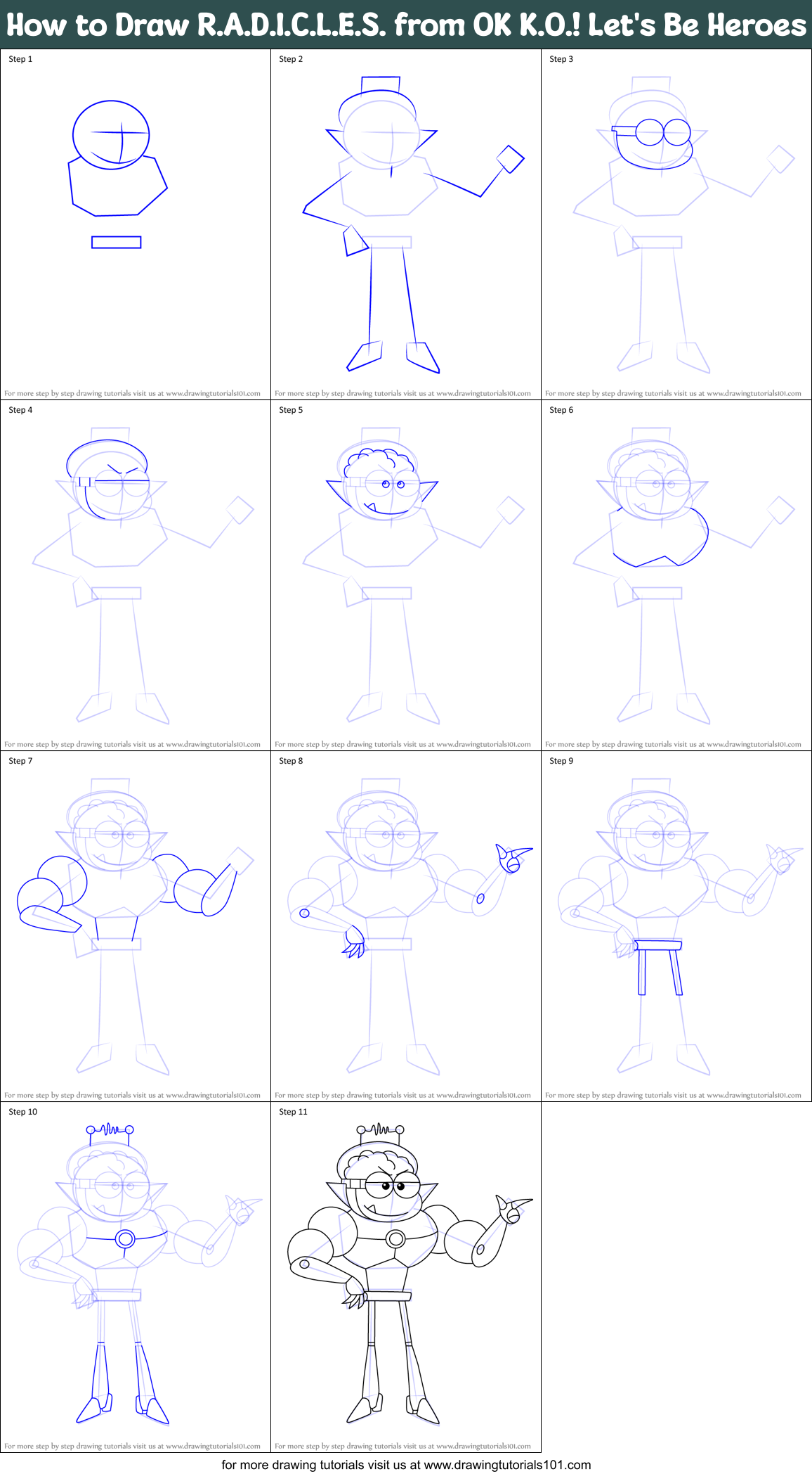 How to Draw R.A.D.I.C.L.E.S. from OK K.O.! Let's Be Heroes Printable Step by Step