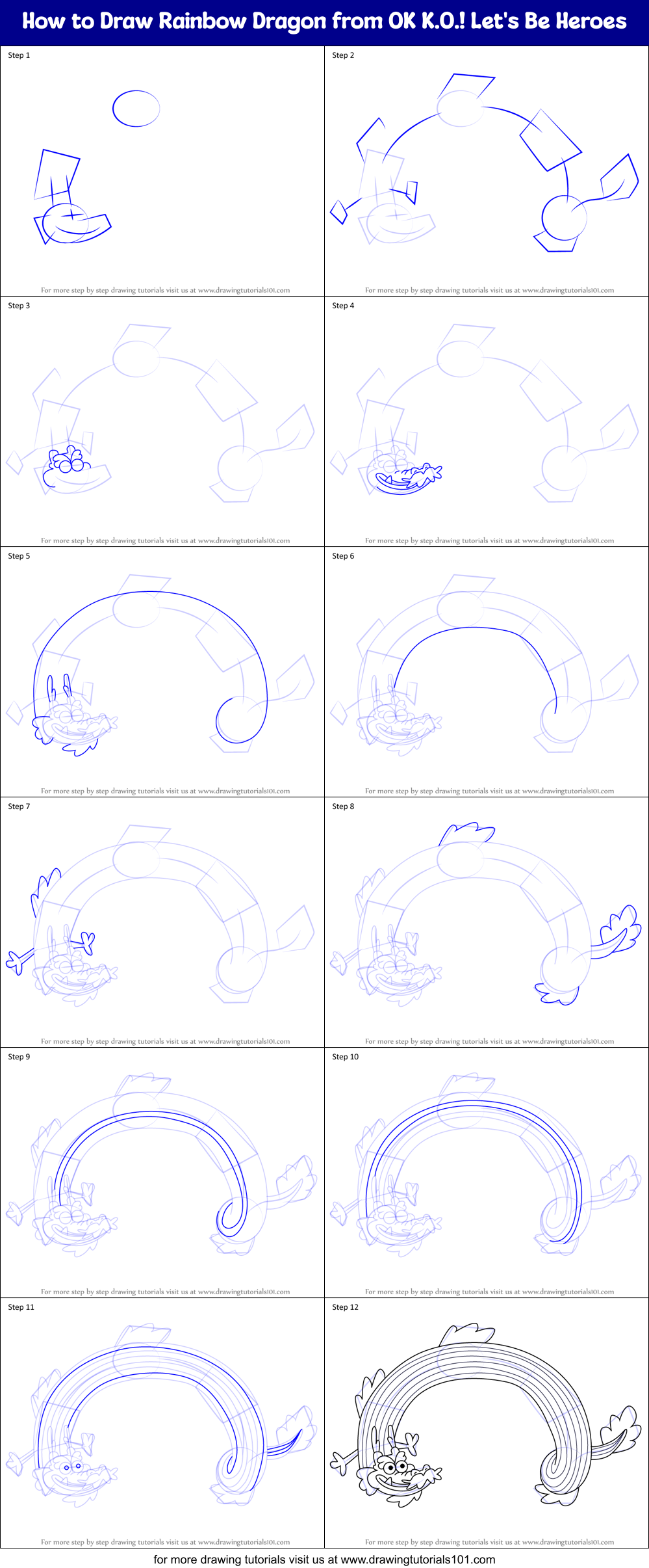 How to Draw Rainbow Dragon from OK K.O.! Let's Be Heroes Printable Step by Step