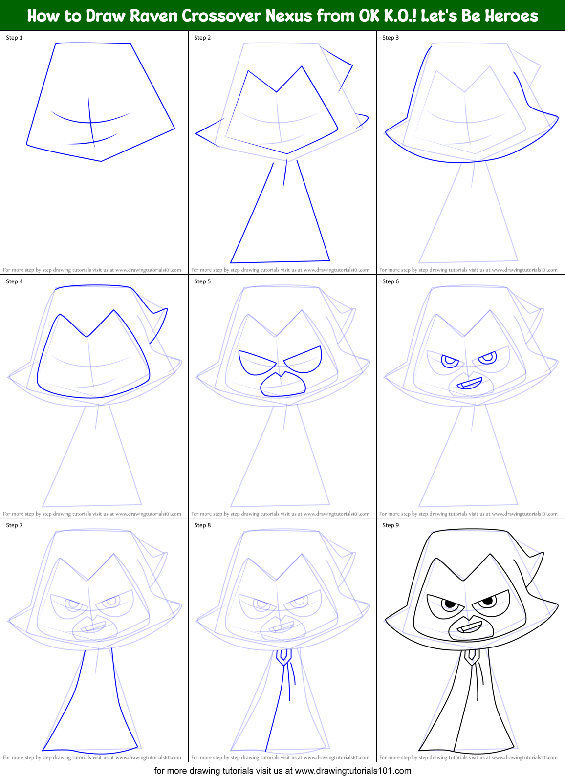 How to Draw Raven Crossover Nexus from OK K.O.! Let's Be Heroes Printable Step by Step