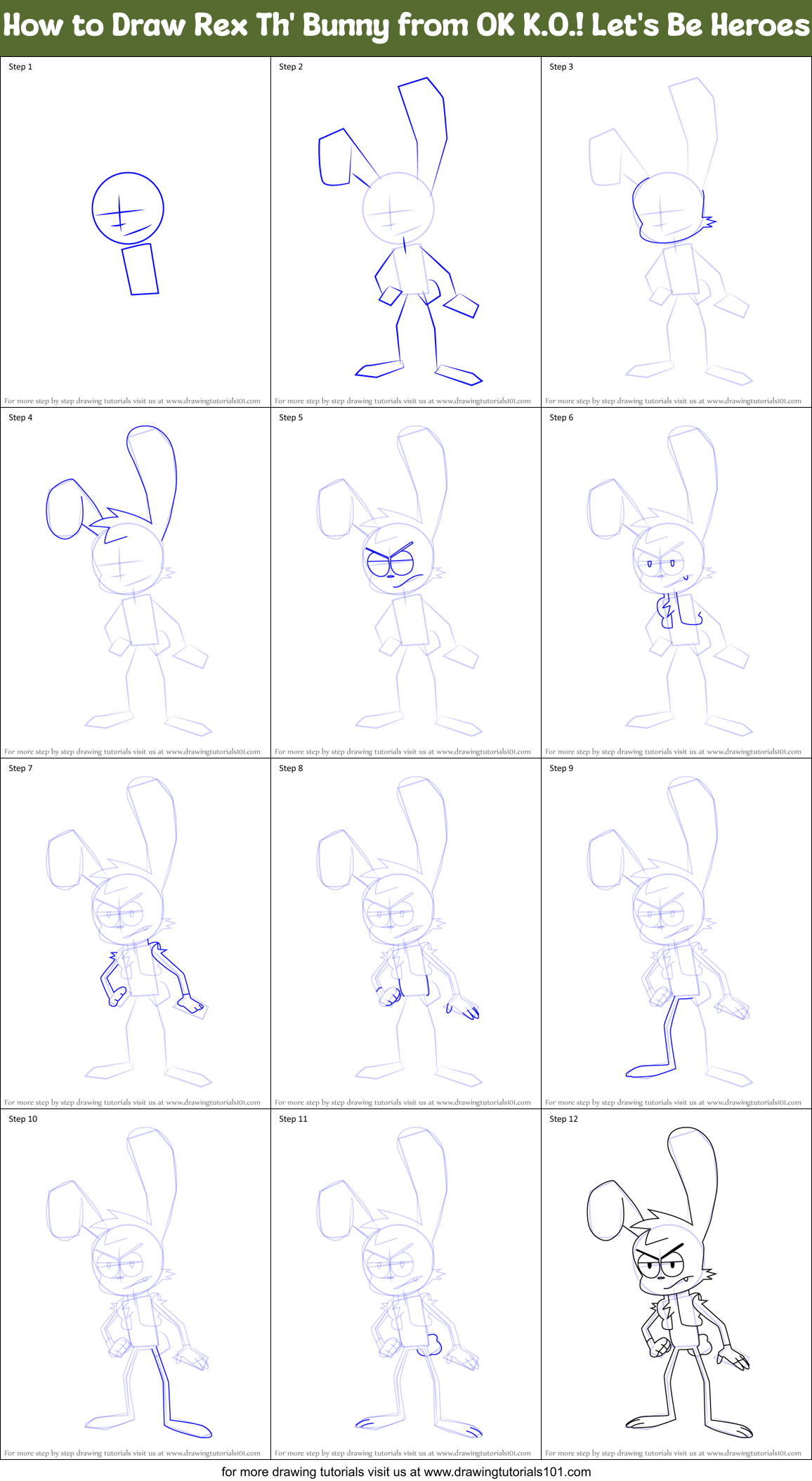 How to Draw Rex Th' Bunny from OK K.O.! Let's Be Heroes Printable Step by Step
