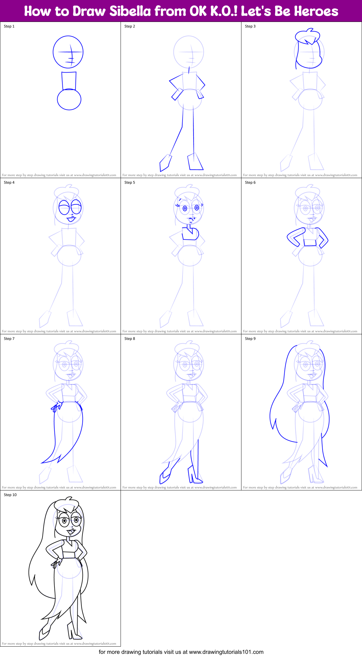 How to Draw Sibella from OK K.O.! Let's Be Heroes Printable Step by Step