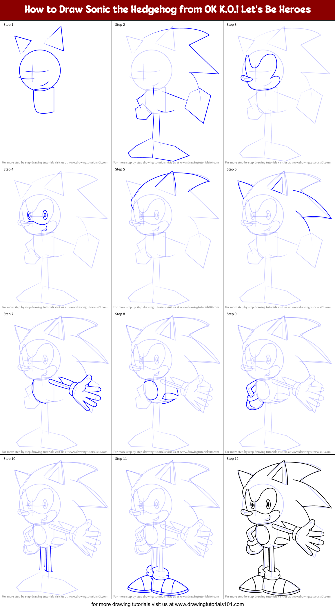 How to Draw Sonic the Hedgehog from OK K.O.! Let's Be Heroes Printable Step by Step