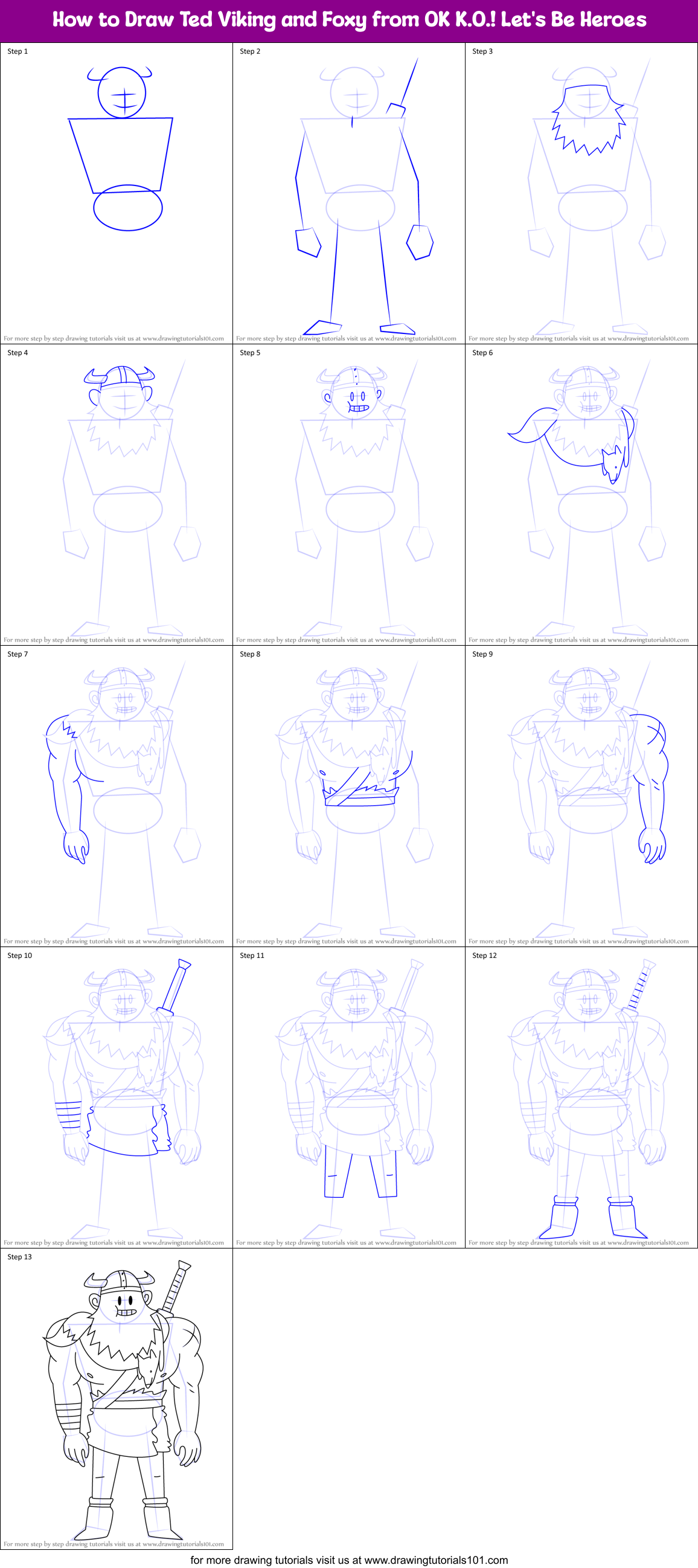 How to Draw Ted Viking and Foxy from OK K.O.! Let's Be Heroes Printable Step by Step