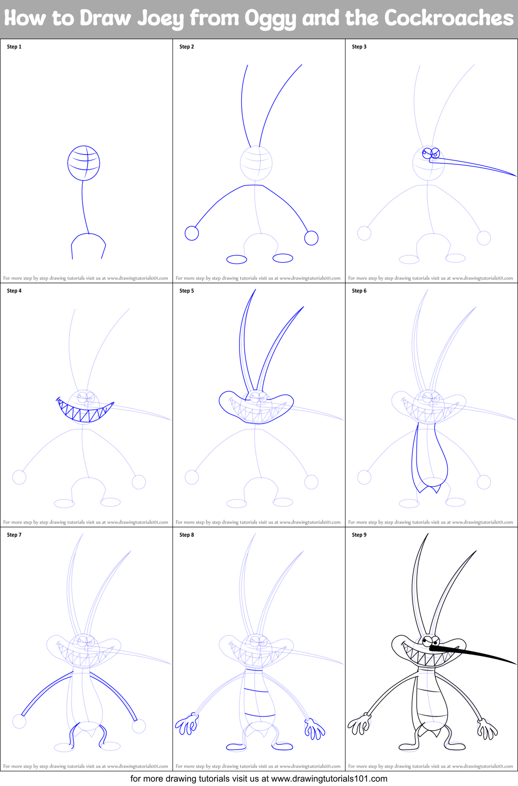 How to Draw Joey from Oggy and the Cockroaches Printable Step by Step