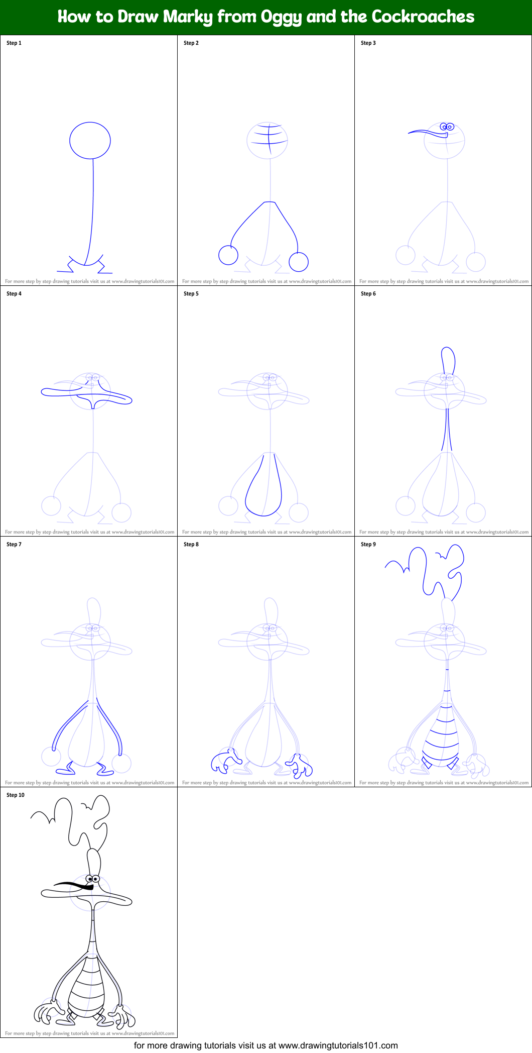 How to Draw Marky from Oggy and the Cockroaches Printable Step by Step