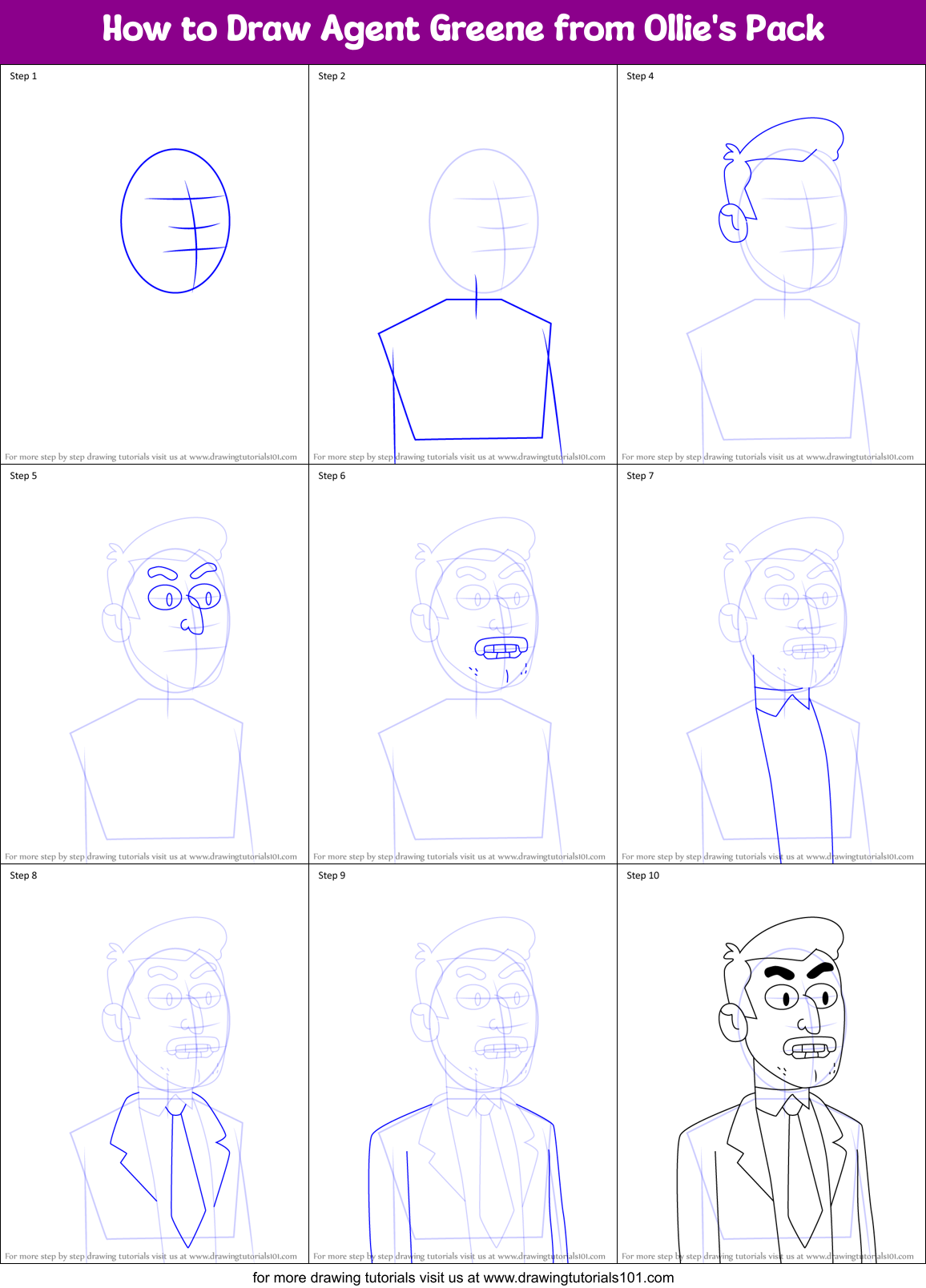 How to Draw Agent Greene from Ollie's Pack Printable Step by Step