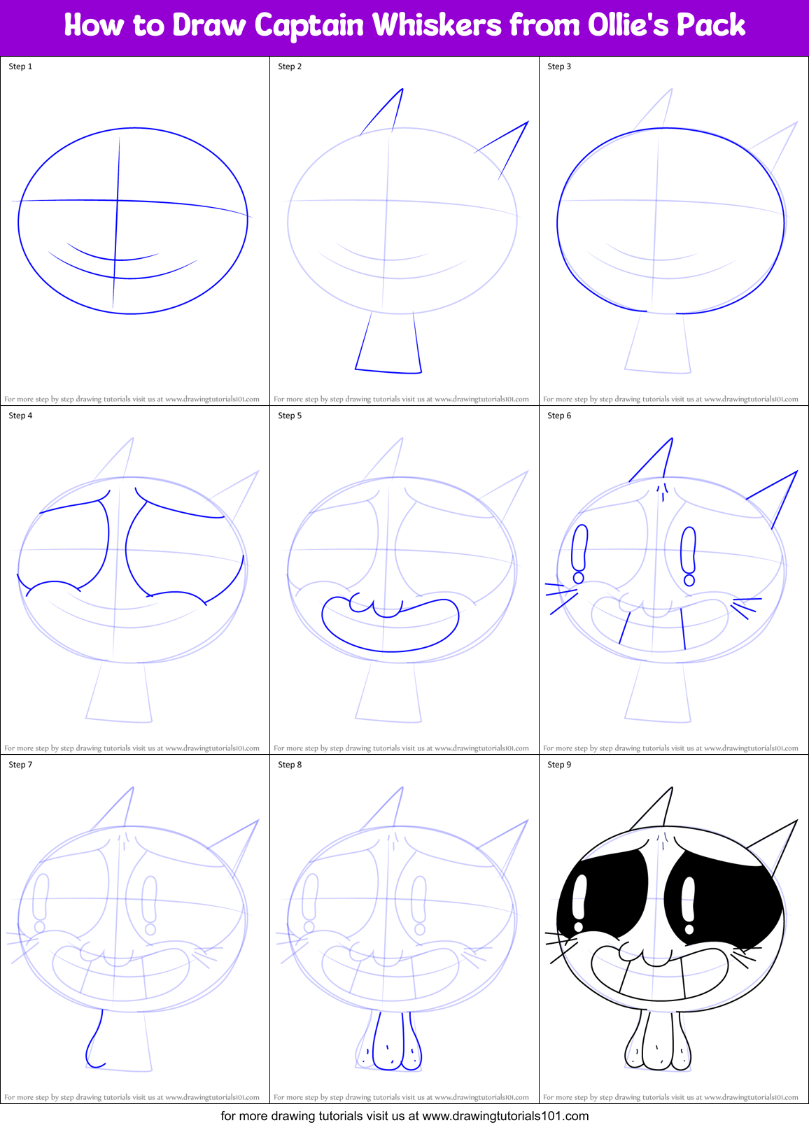 How to Draw Captain Whiskers from Ollie's Pack Printable Step by Step