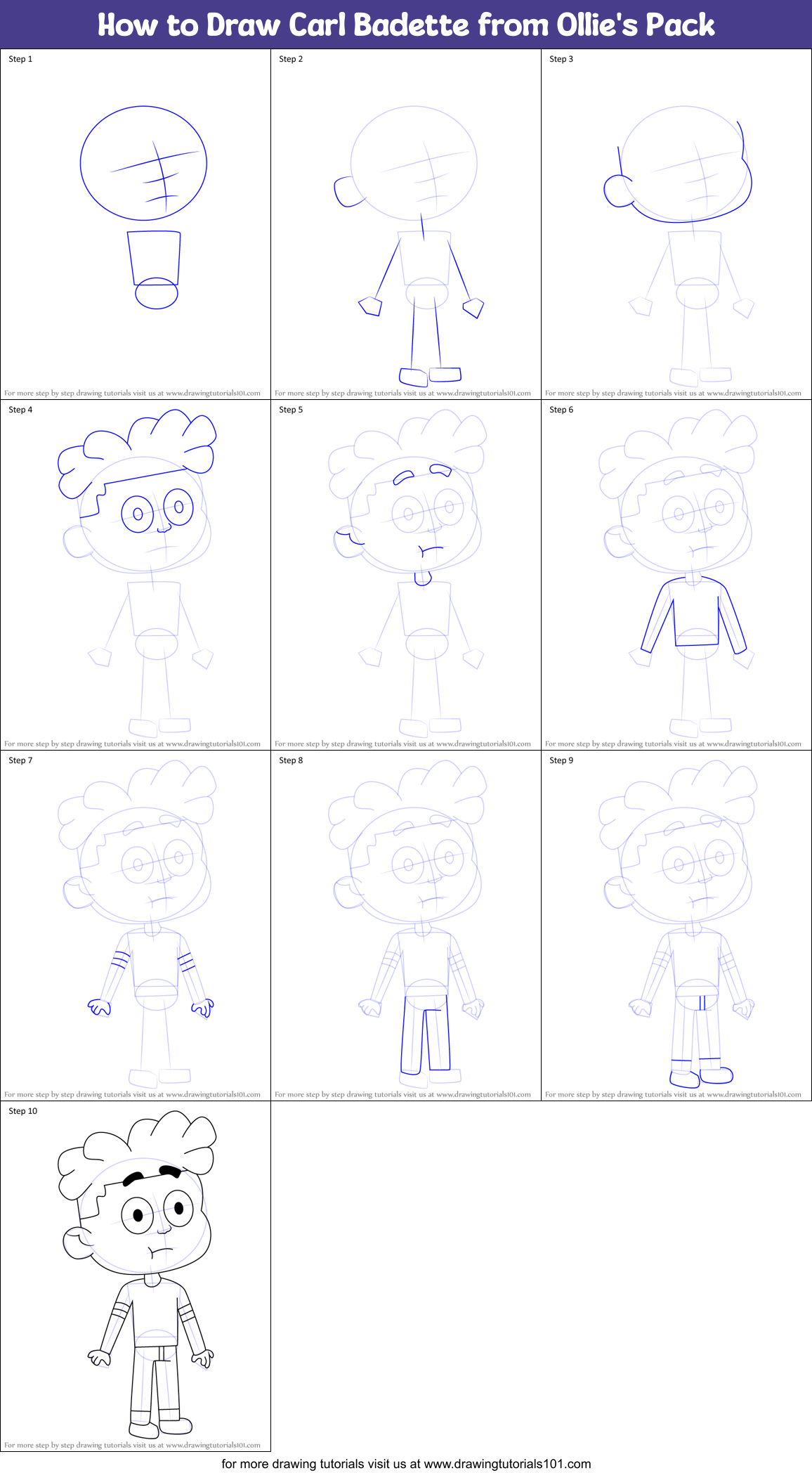 How to Draw Carl Badette from Ollie's Pack Printable Step by Step