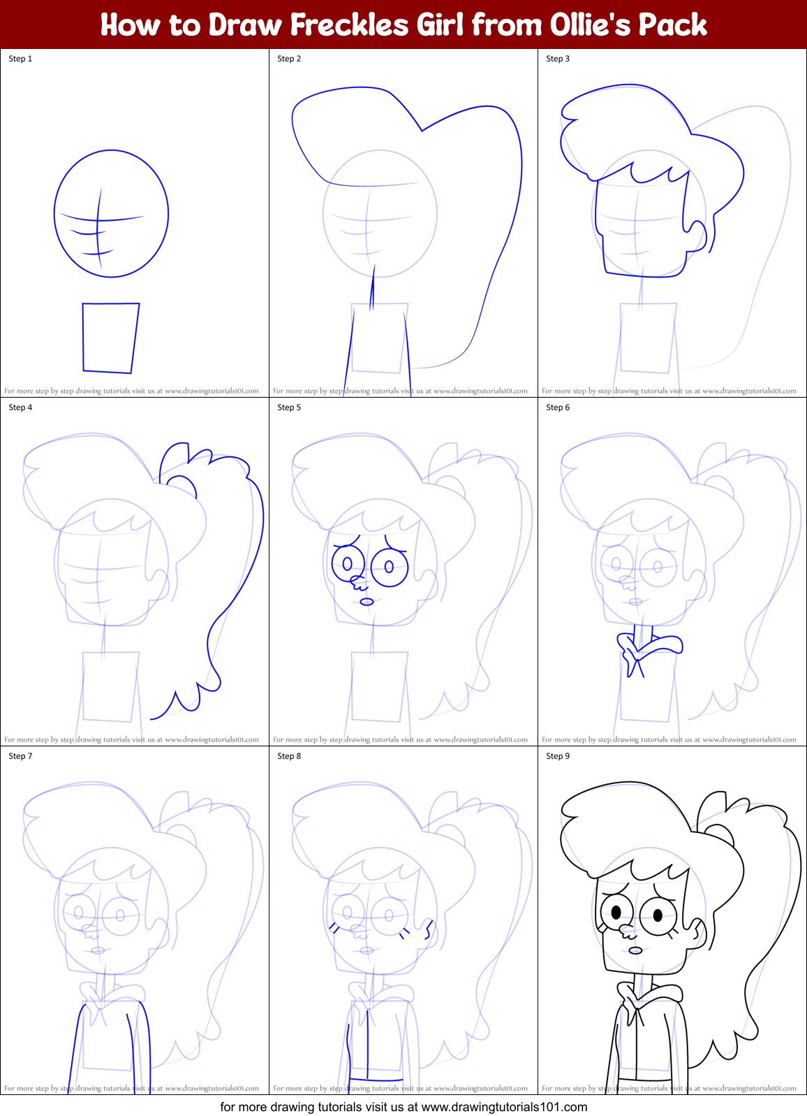 How to Draw Freckles Girl from Ollie's Pack Printable Step by Step
