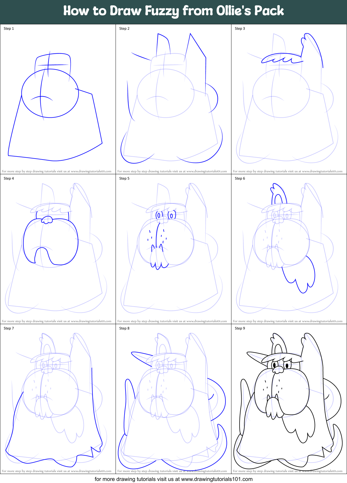 How to Draw Fuzzy from Ollie's Pack Printable Step by Step
