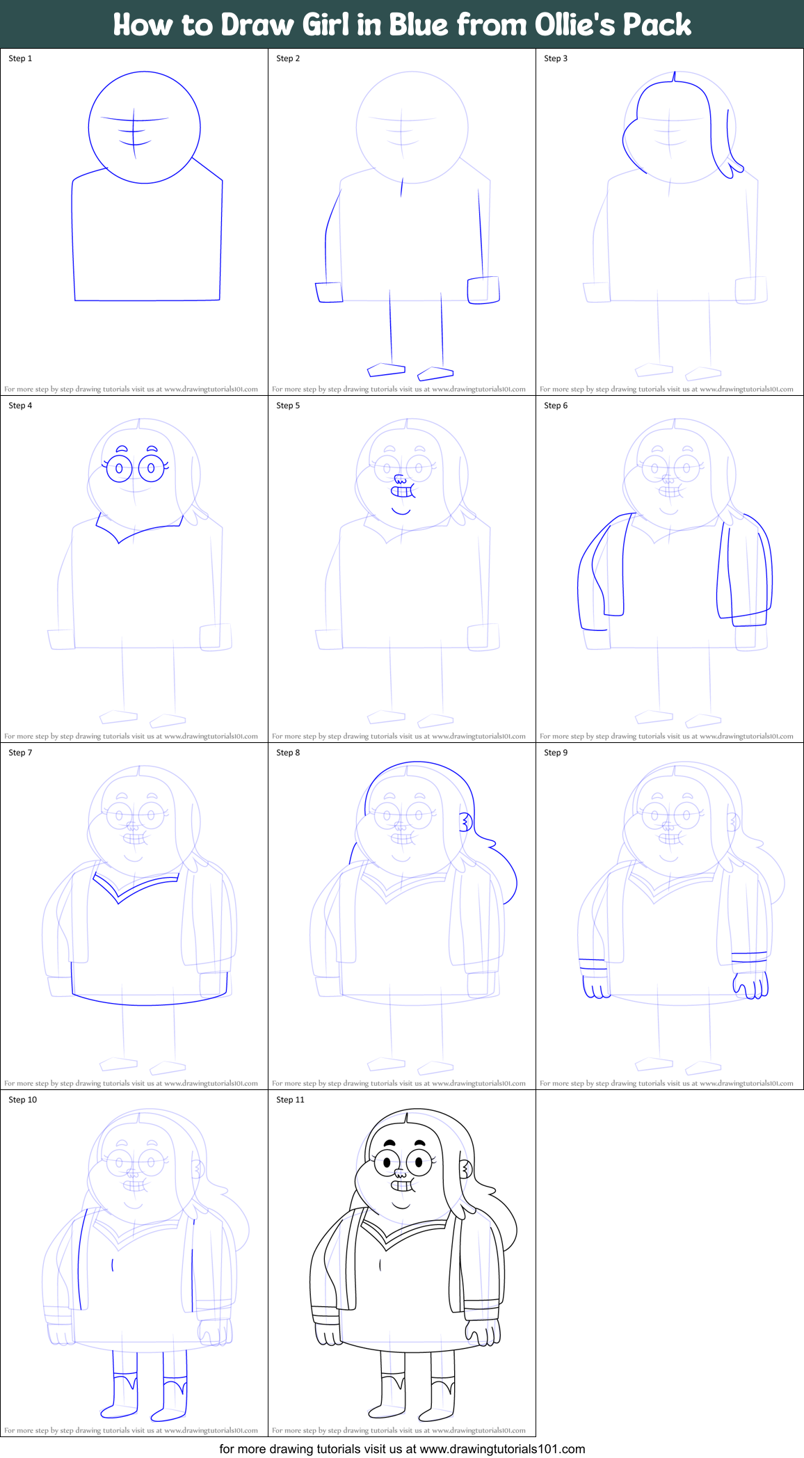 How to Draw Girl in Blue from Ollie's Pack Printable Step by Step