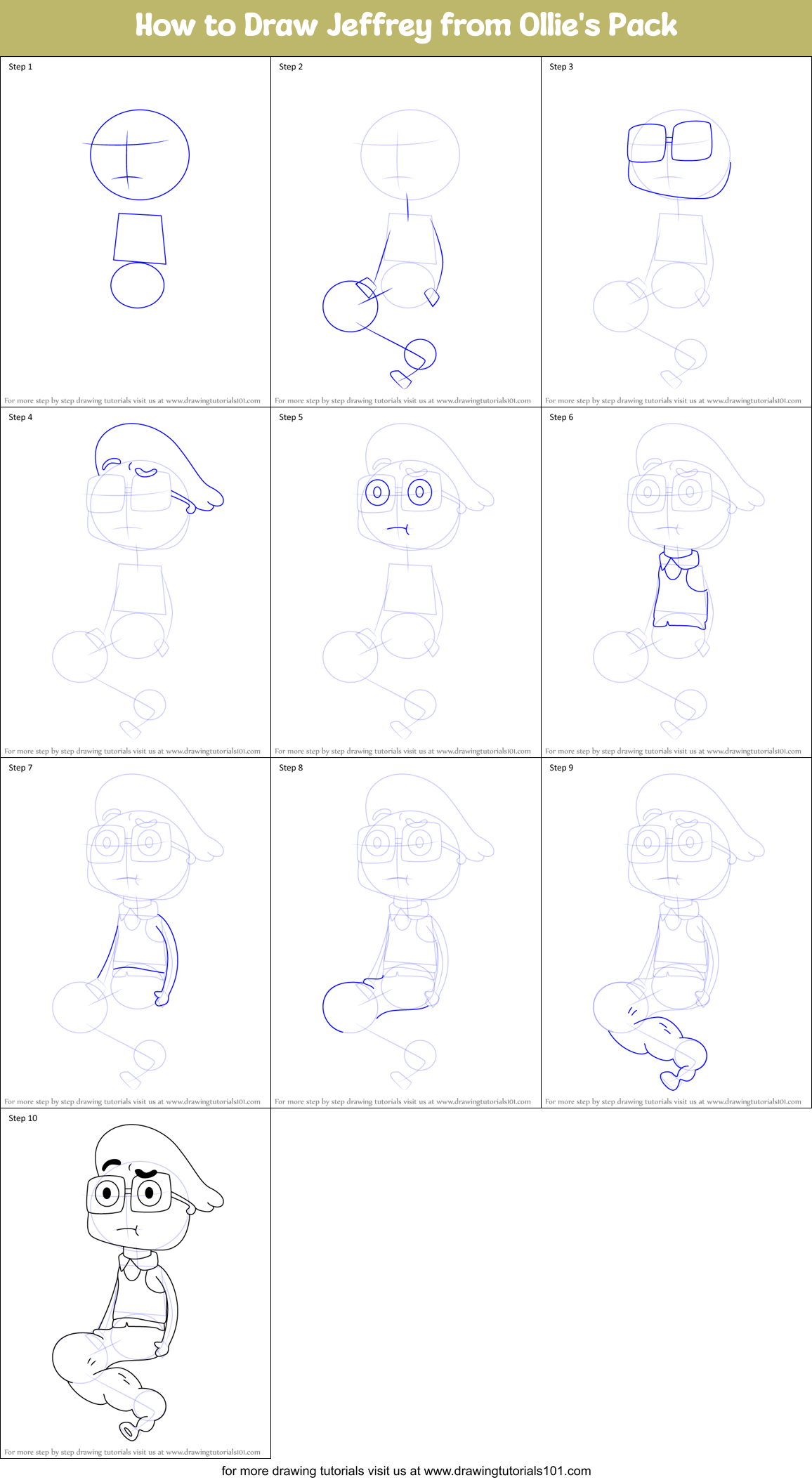 How to Draw Jeffrey from Ollie's Pack Printable Step by Step
