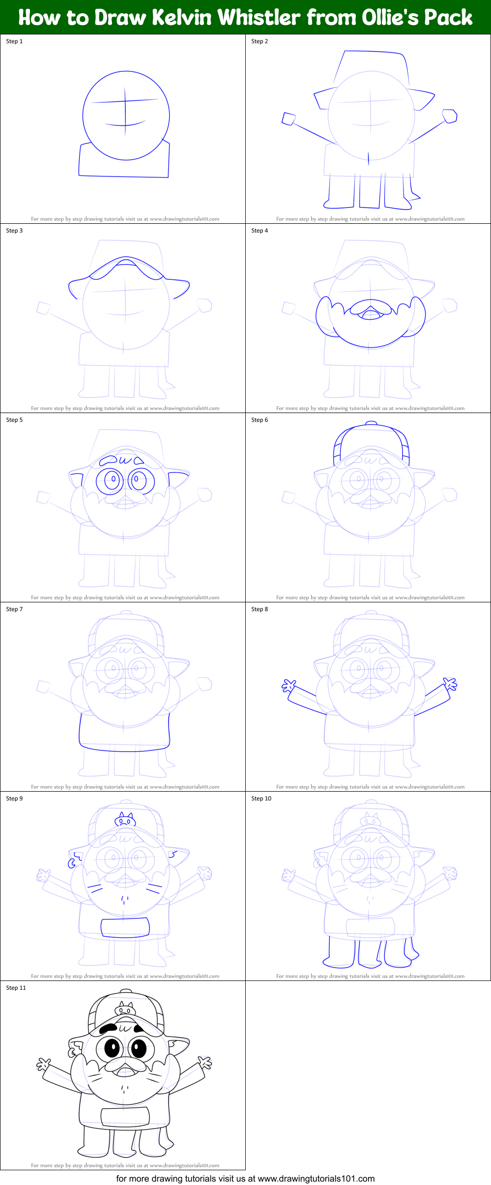 How to Draw Kelvin Whistler from Ollie's Pack Printable Step by Step