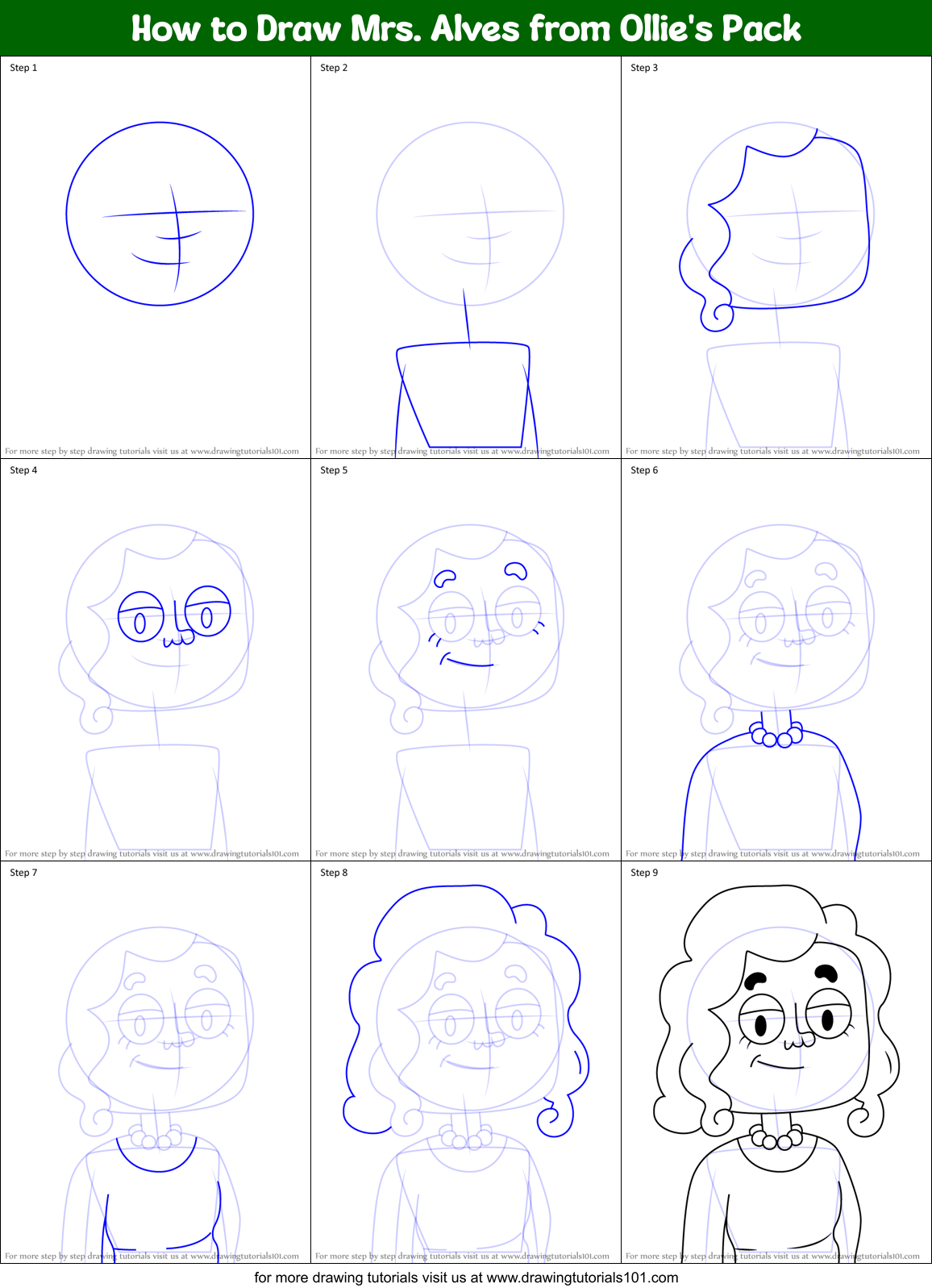 How to Draw Mrs. Alves from Ollie's Pack Printable Step by Step