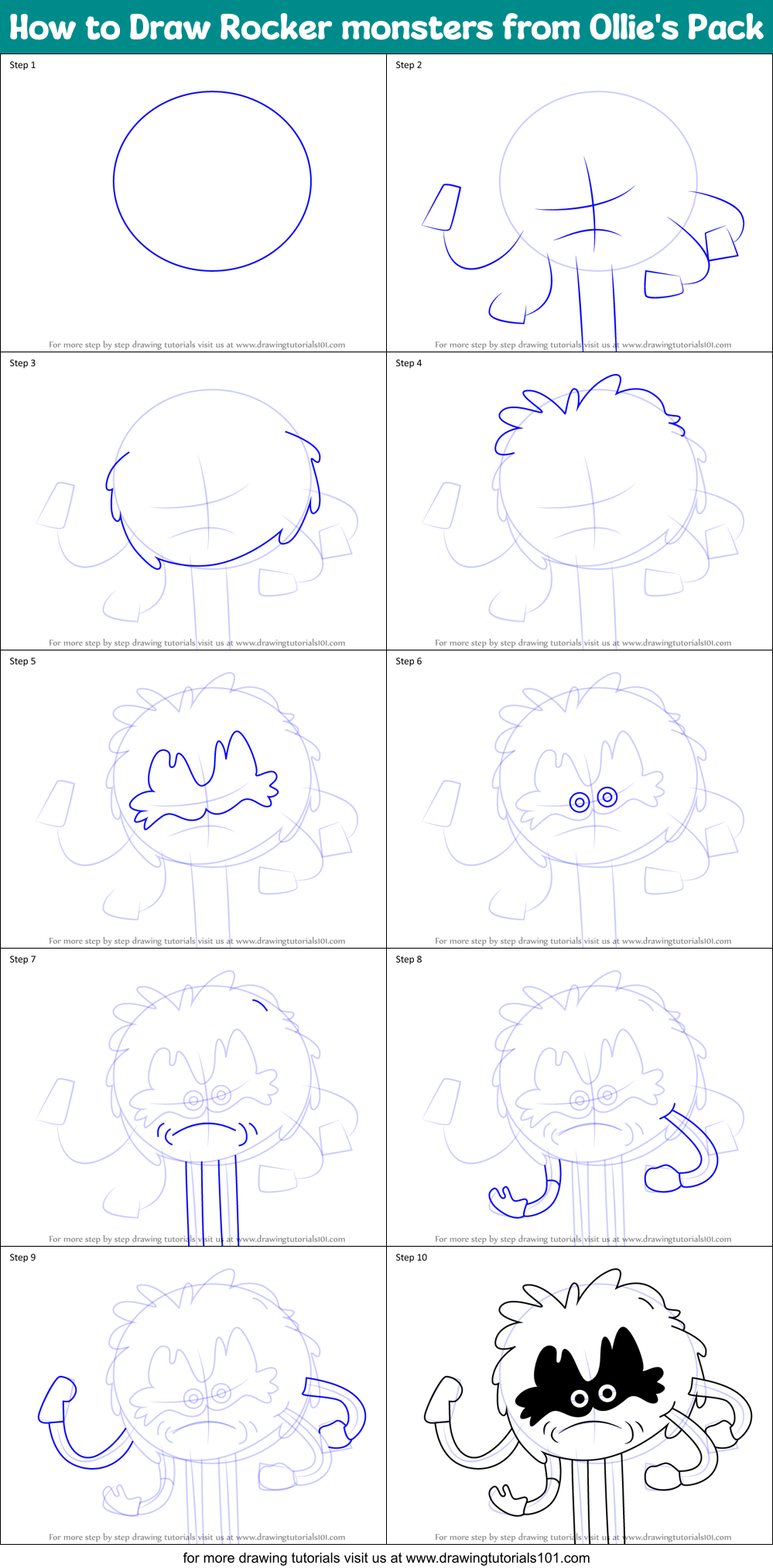 How to Draw Rocker monsters from Ollie's Pack Printable Step by Step