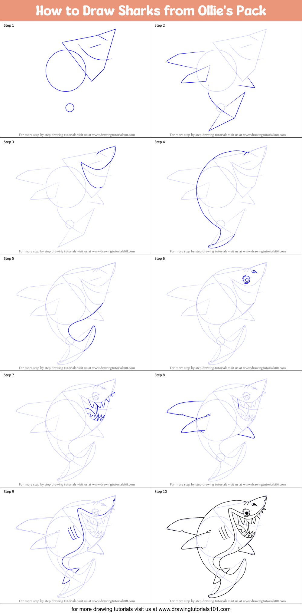 How to Draw Sharks from Ollie's Pack Printable Step by Step