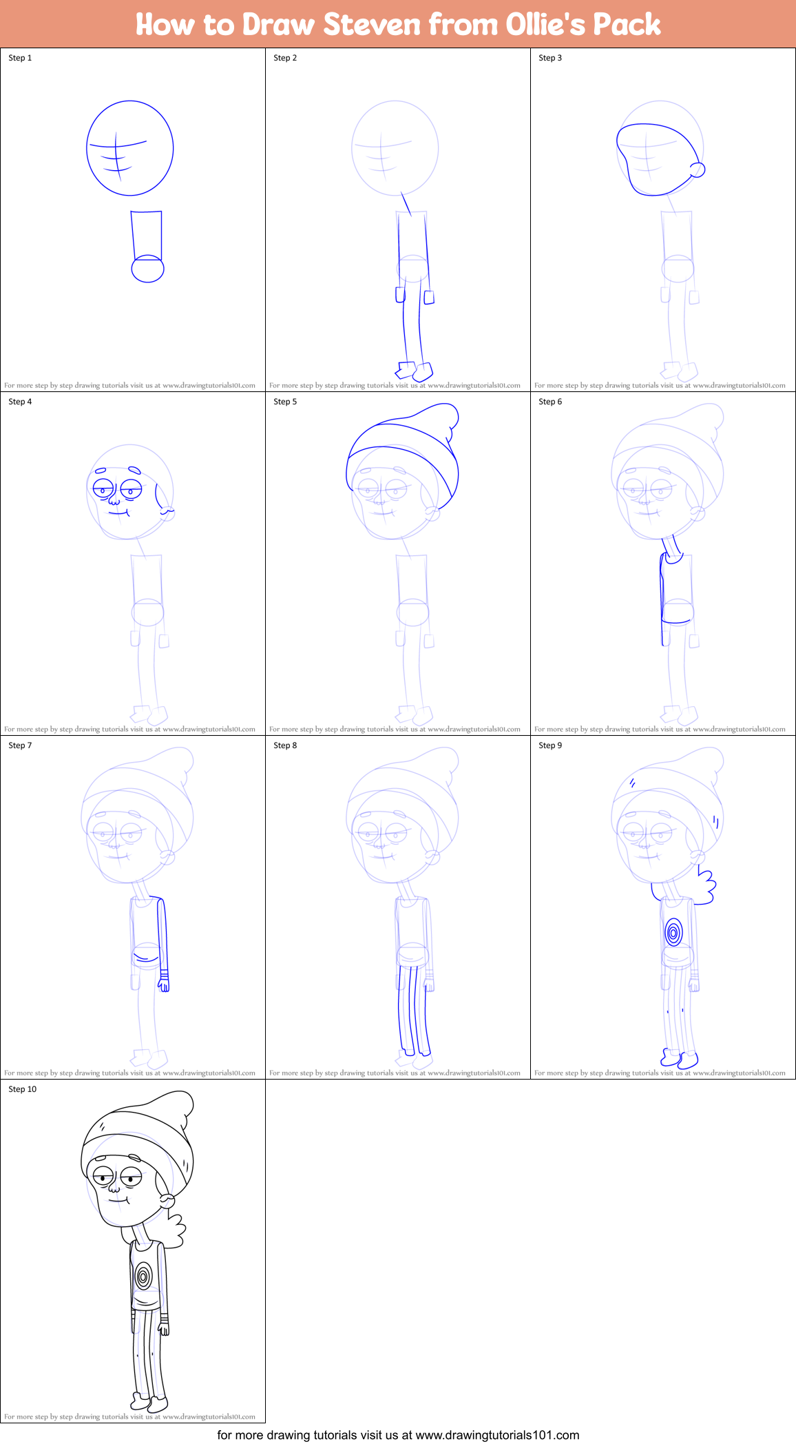 How to Draw Steven from Ollie's Pack Printable Step by Step