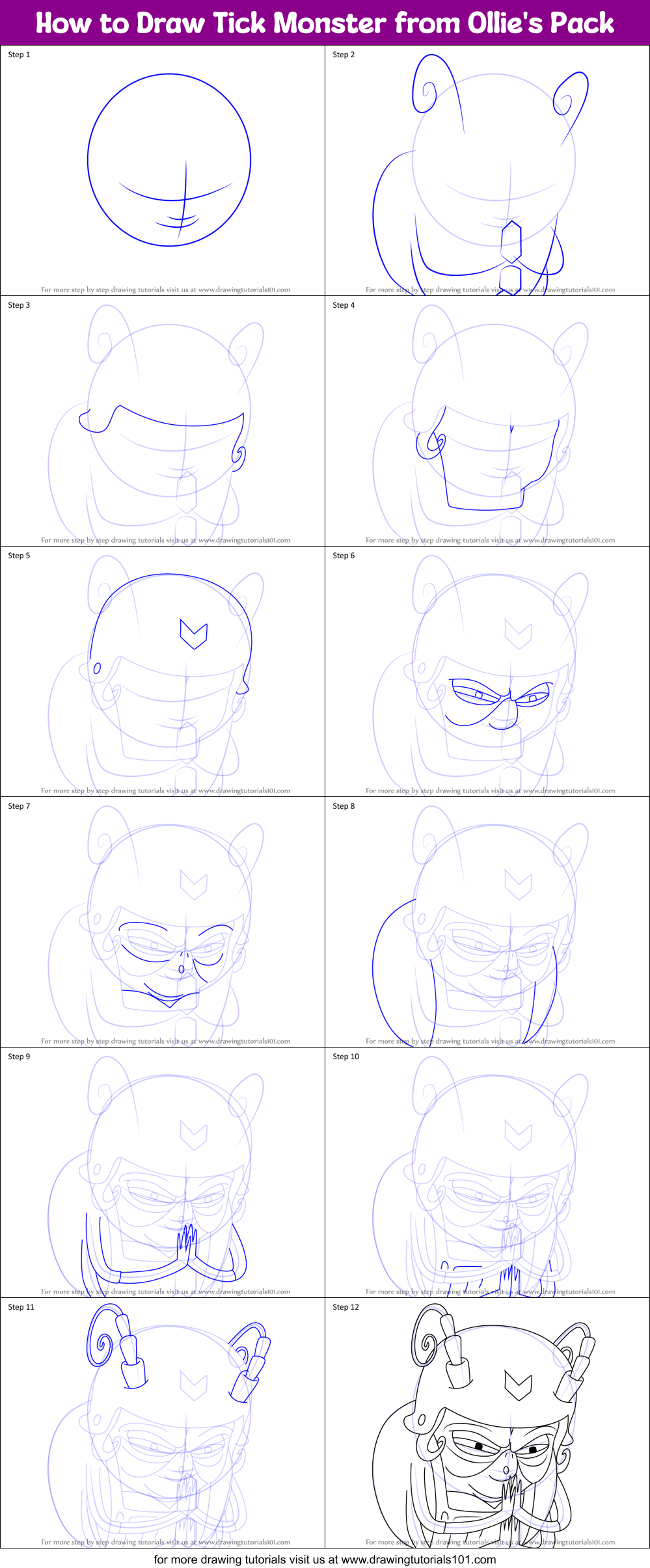 How to Draw Tick Monster from Ollie's Pack Printable Step by Step