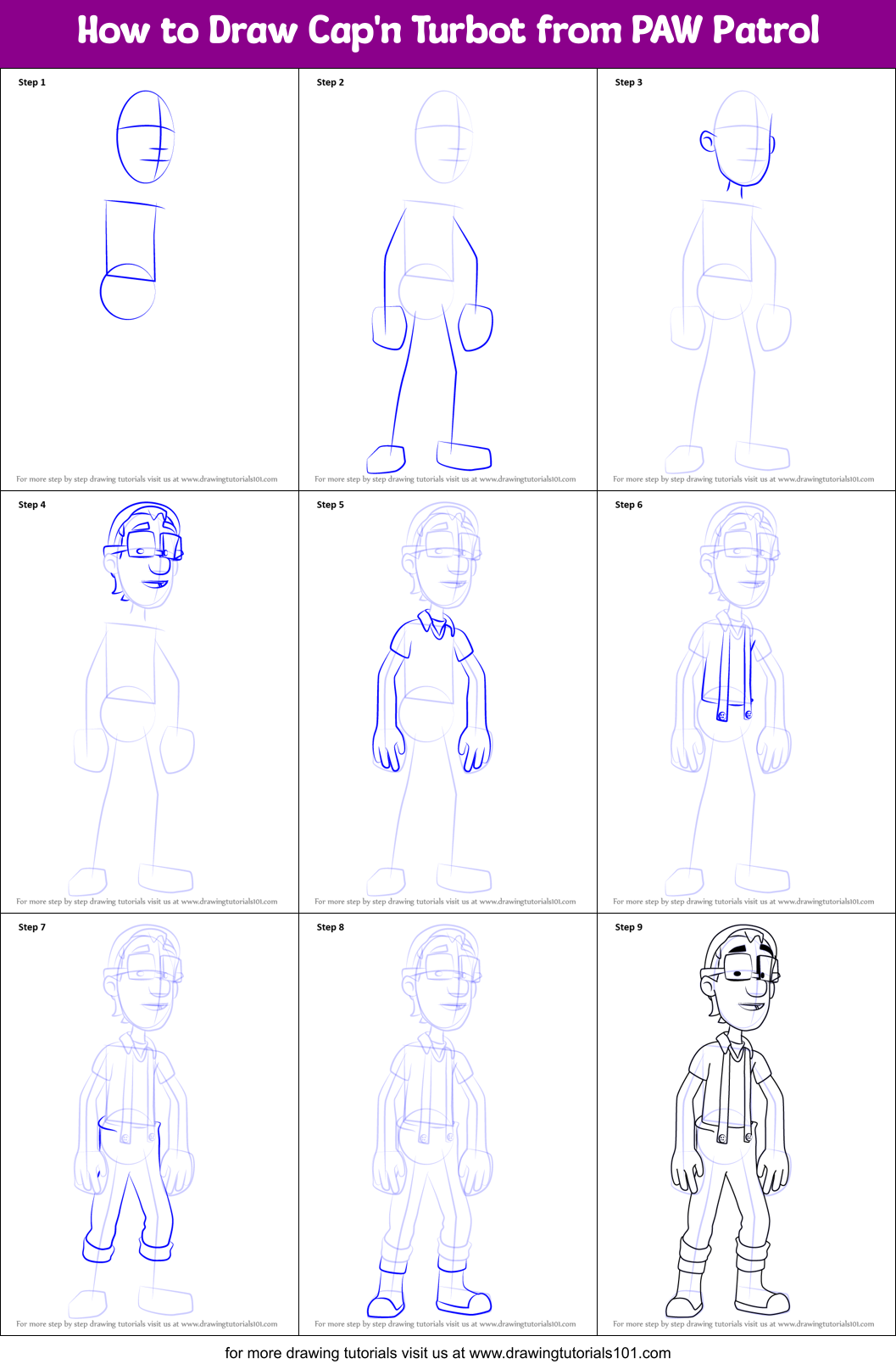 How to Draw Cap'n Turbot from PAW Patrol Printable Step by Step