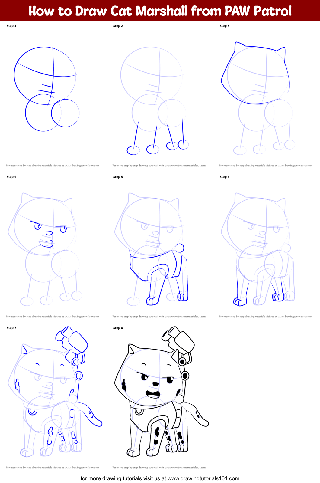How to Draw Cat Marshall from PAW Patrol Printable Step by Step