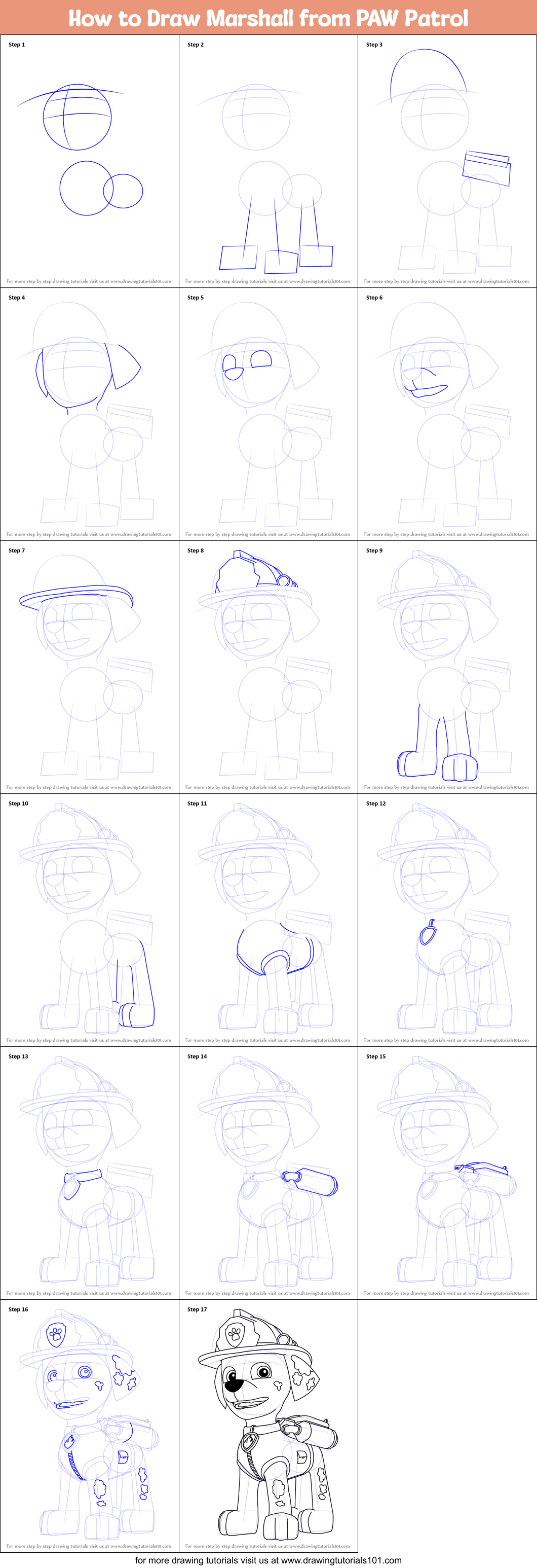 How to Draw Marshall from PAW Patrol Printable Step by Step