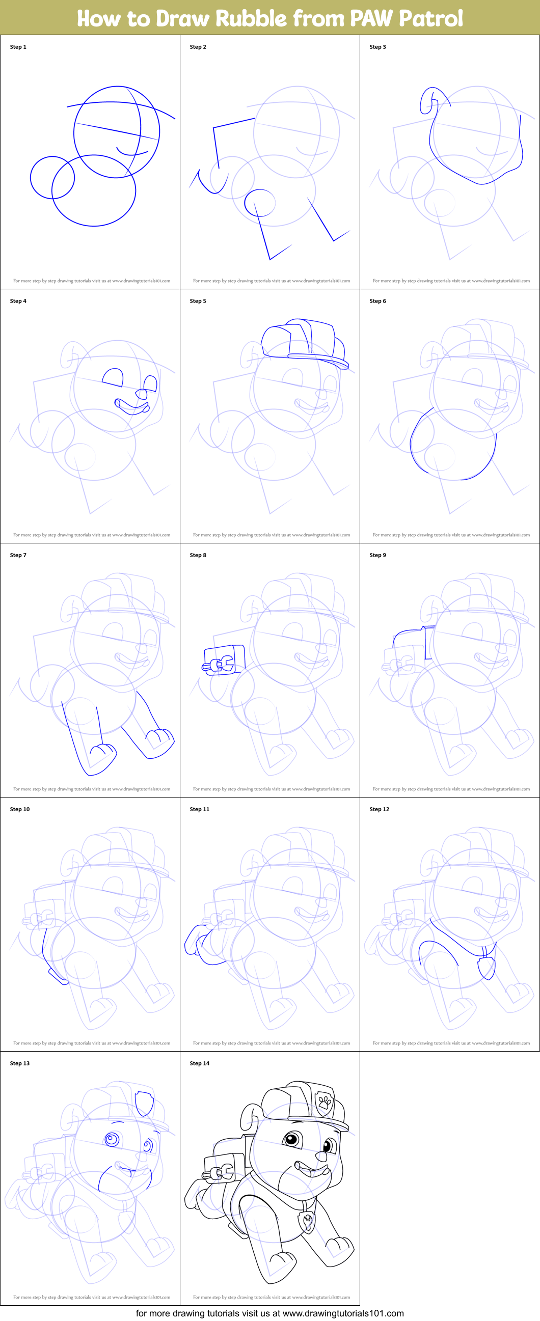 How to Draw Rubble from PAW Patrol printable step by step drawing sheet ...
