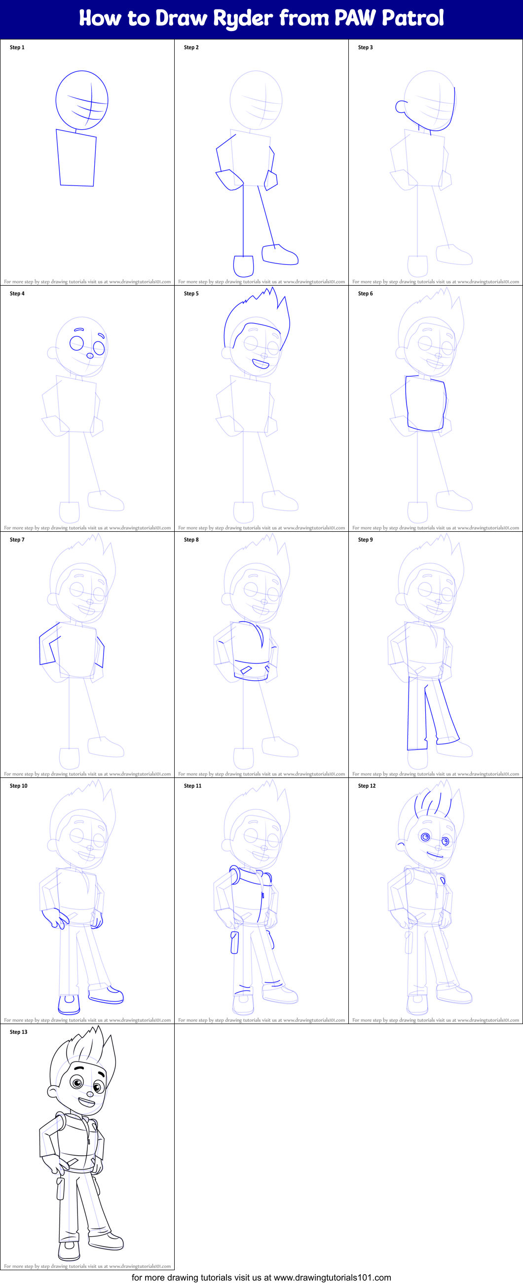 How to Draw Ryder from PAW Patrol Printable Step by Step