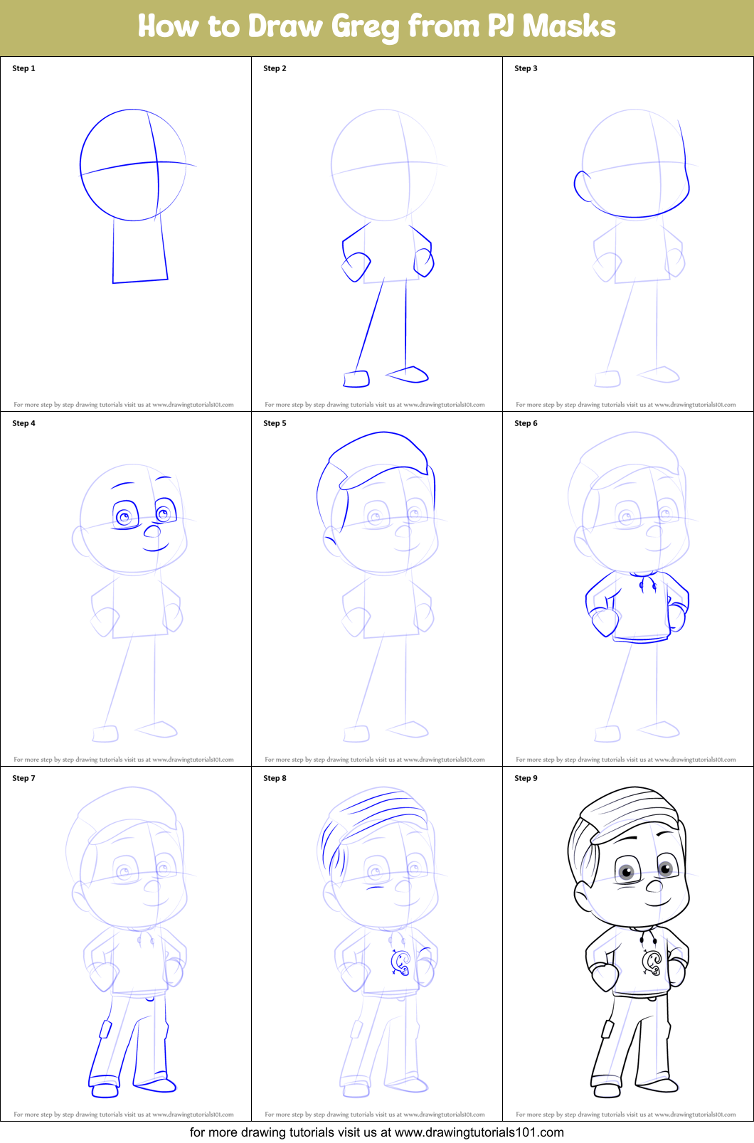 How to Draw Greg from PJ Masks Printable Step by Step