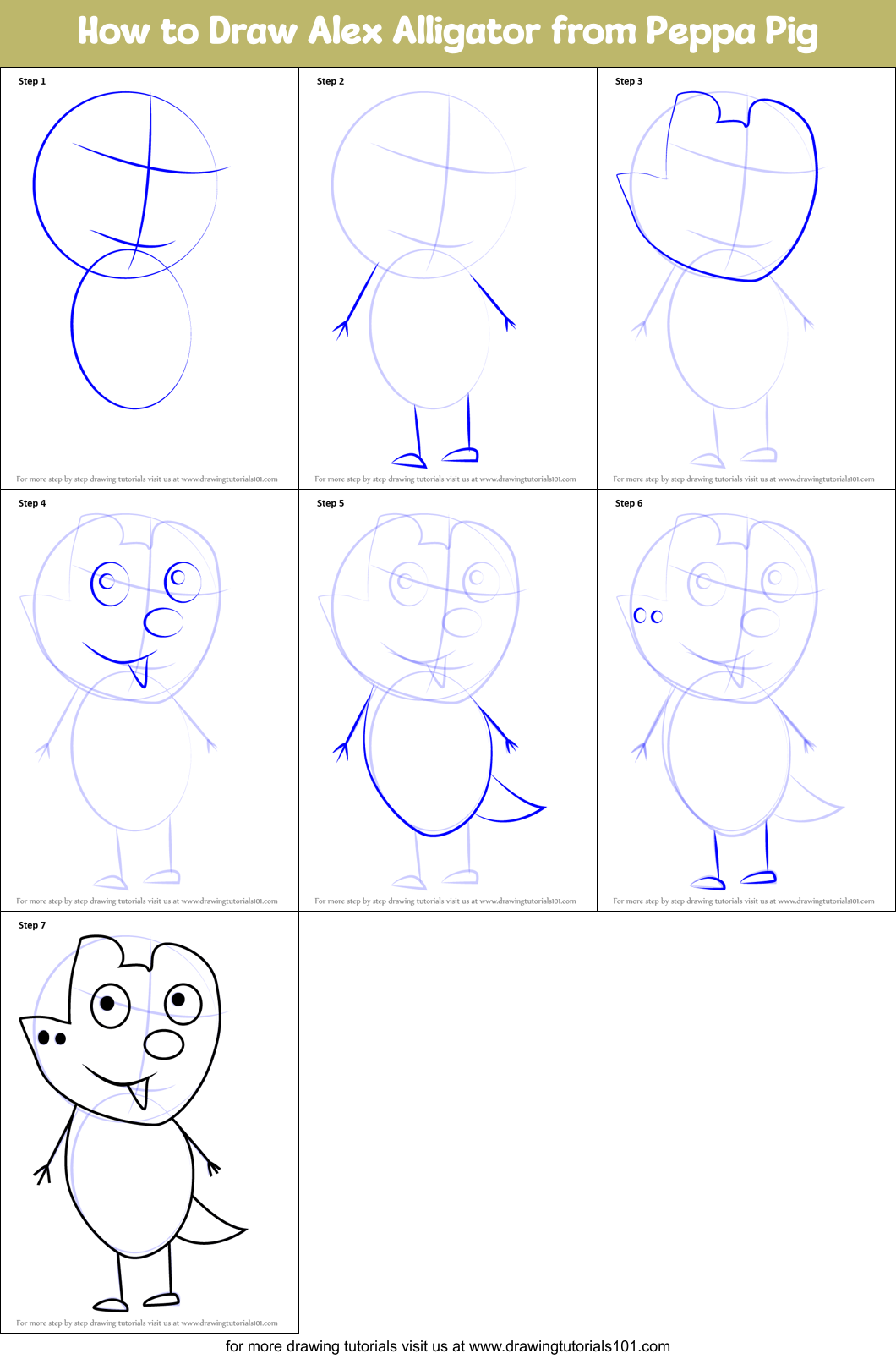 How to Draw Alex Alligator from Peppa Pig Printable Step by Step