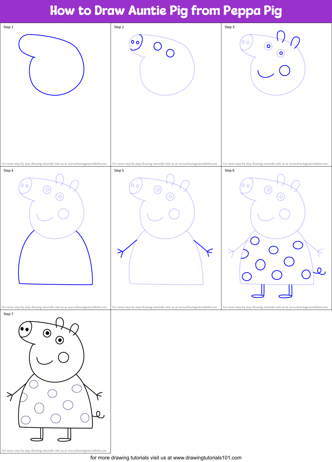 How to Draw Auntie Pig from Peppa Pig Printable Step by Step