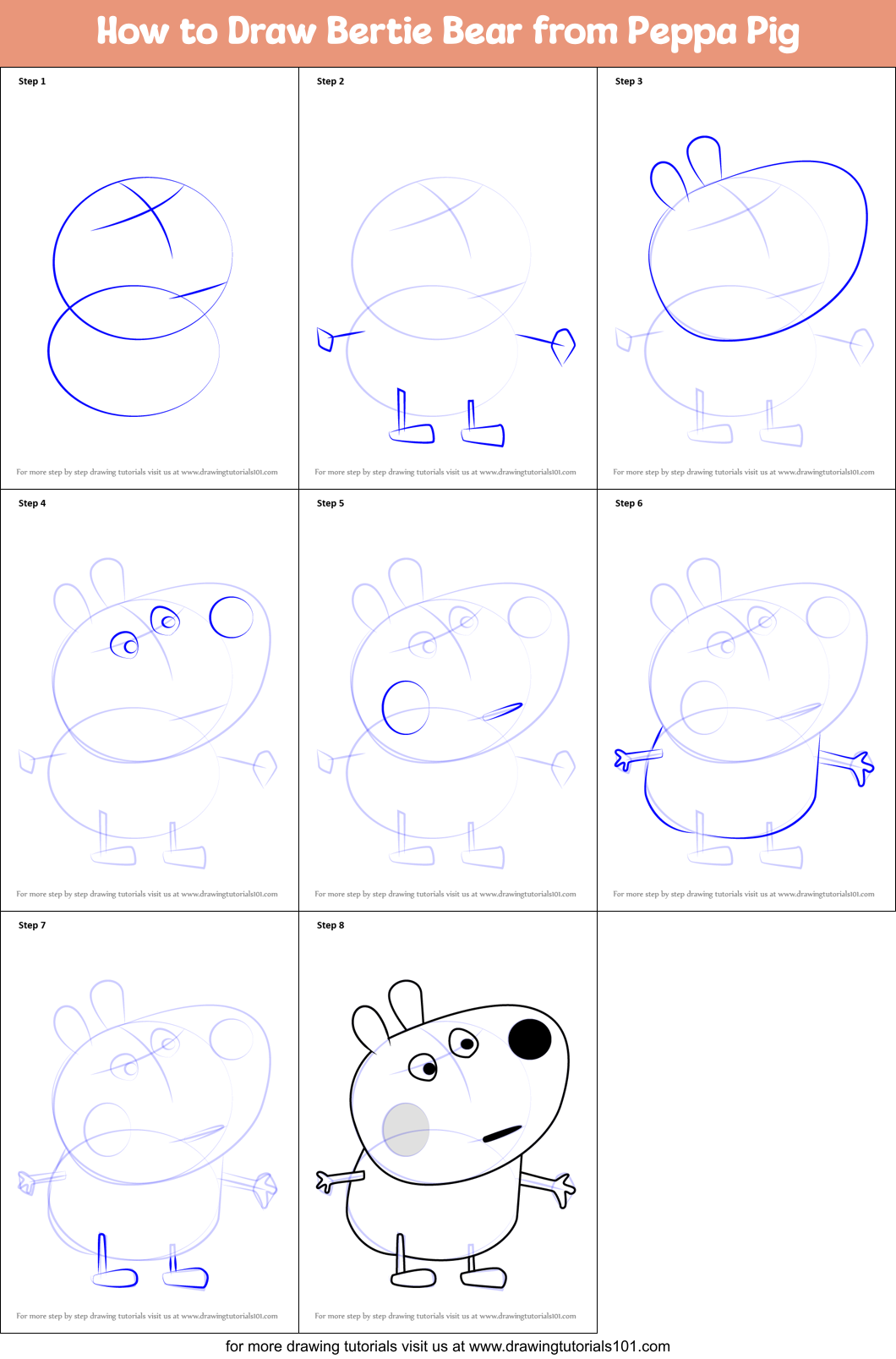 How to Draw Bertie Bear from Peppa Pig Printable Step by Step