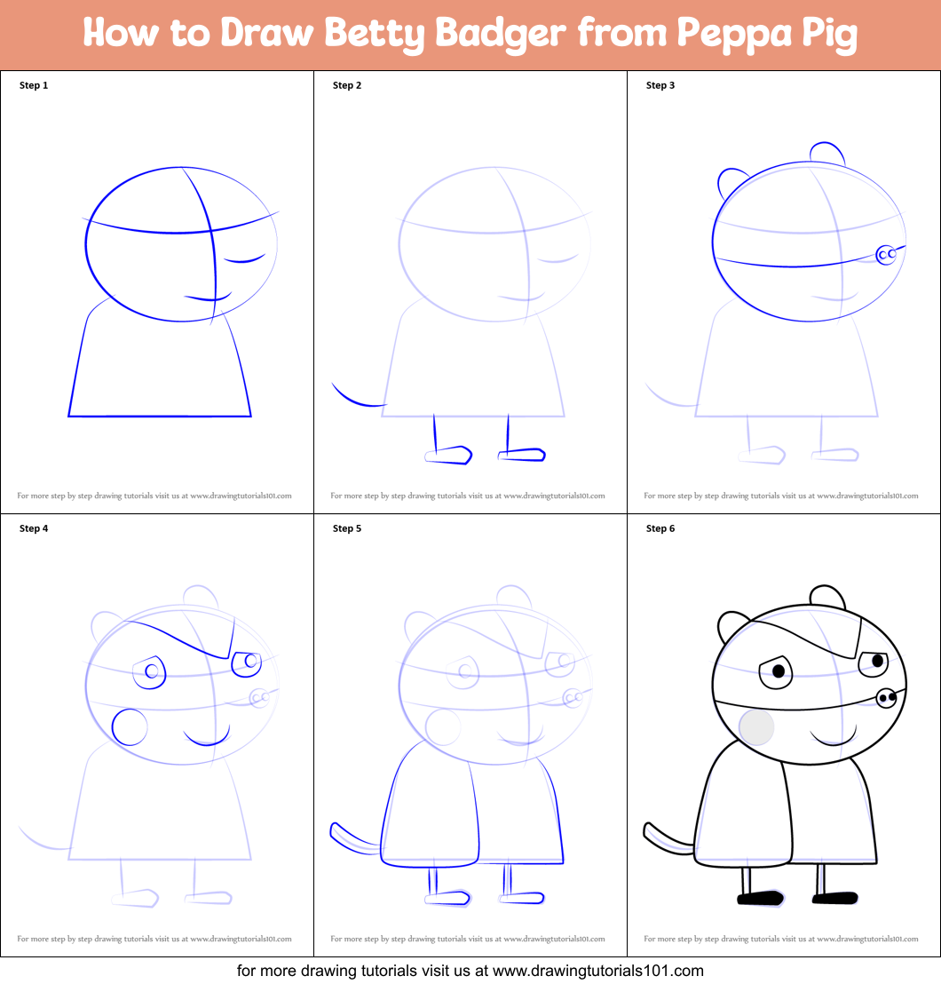 How to Draw Betty Badger from Peppa Pig Printable Step by Step