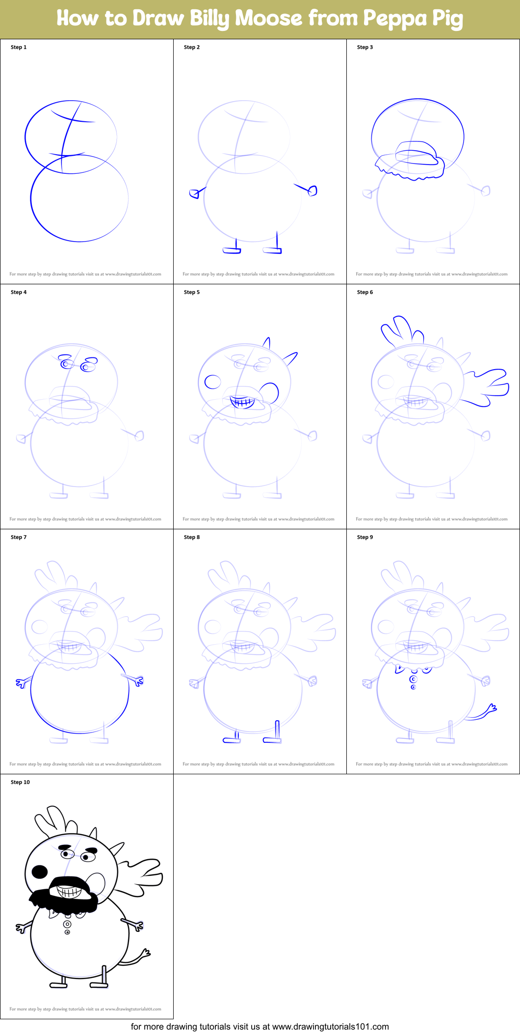 How to Draw Billy Moose from Peppa Pig Printable Step by Step