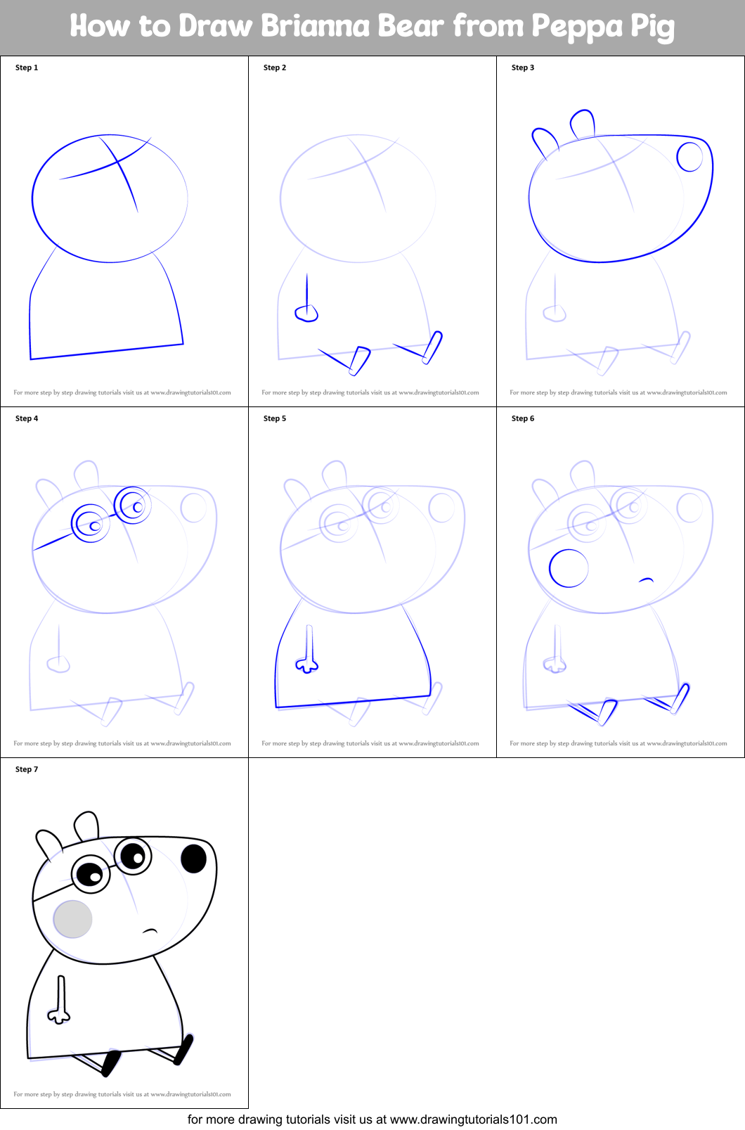 How to Draw Brianna Bear from Peppa Pig Printable Step by Step