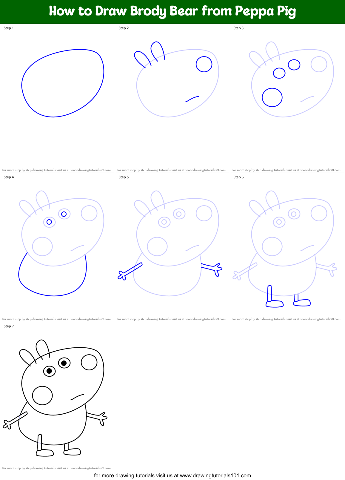 How to Draw Brody Bear from Peppa Pig Printable Step by Step