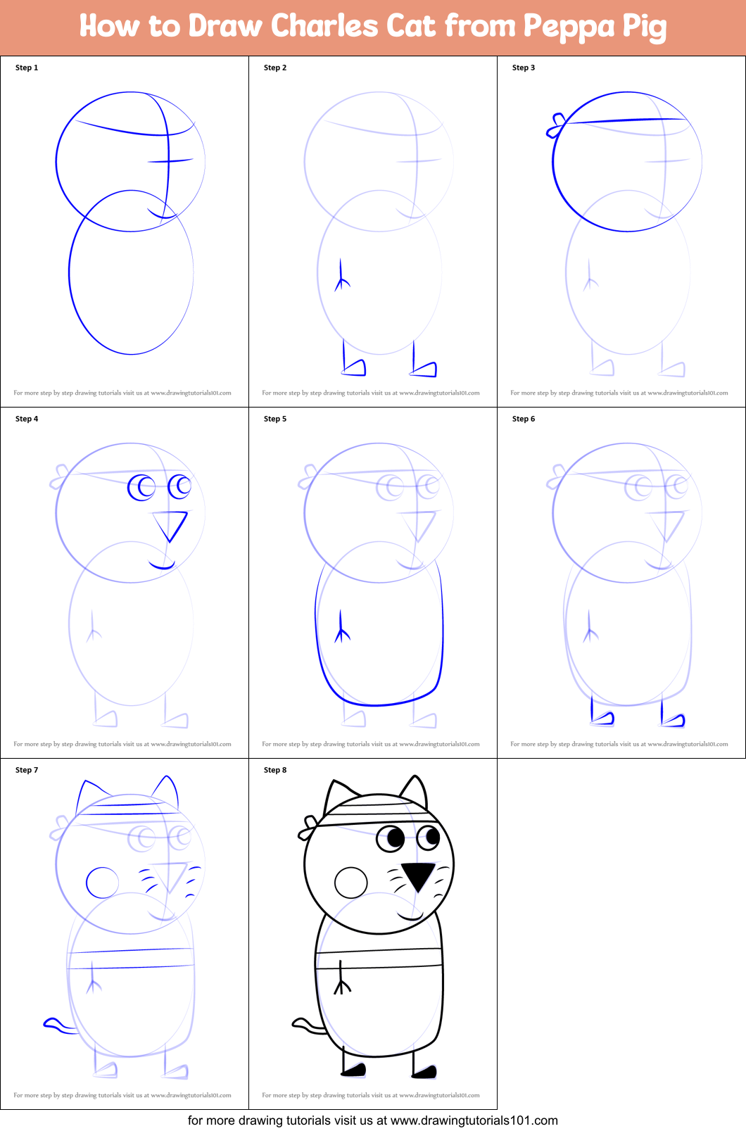 How to Draw Charles Cat from Peppa Pig Printable Step by Step