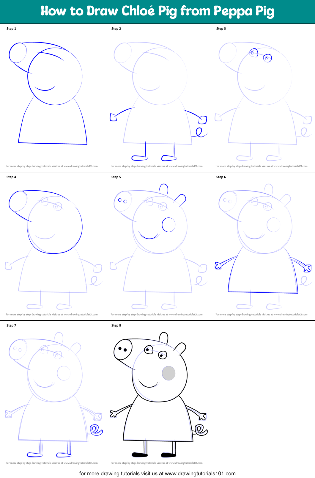 How to Draw Chloé Pig from Peppa Pig Printable Step by Step