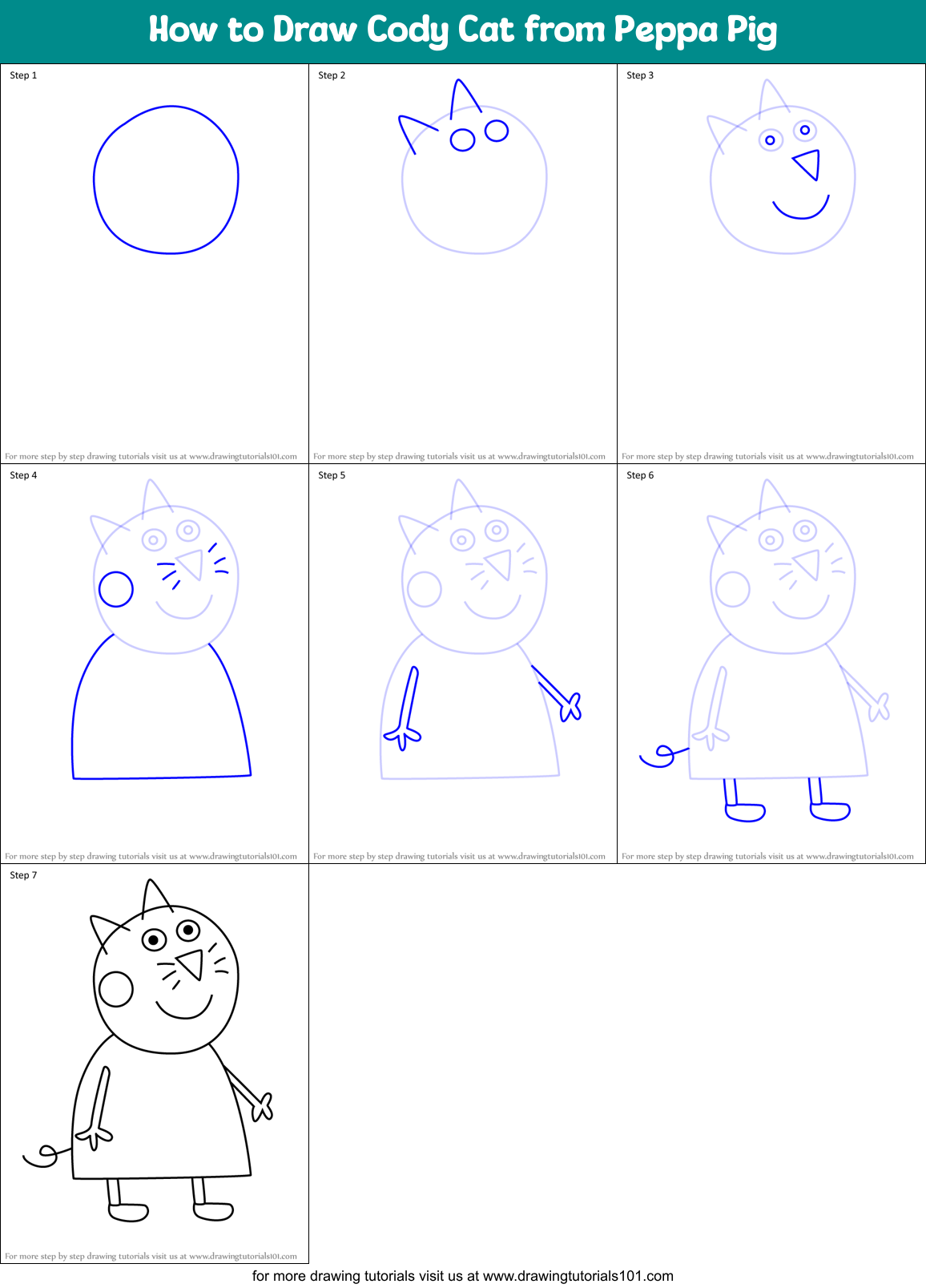 How to Draw Cody Cat from Peppa Pig Printable Step by Step