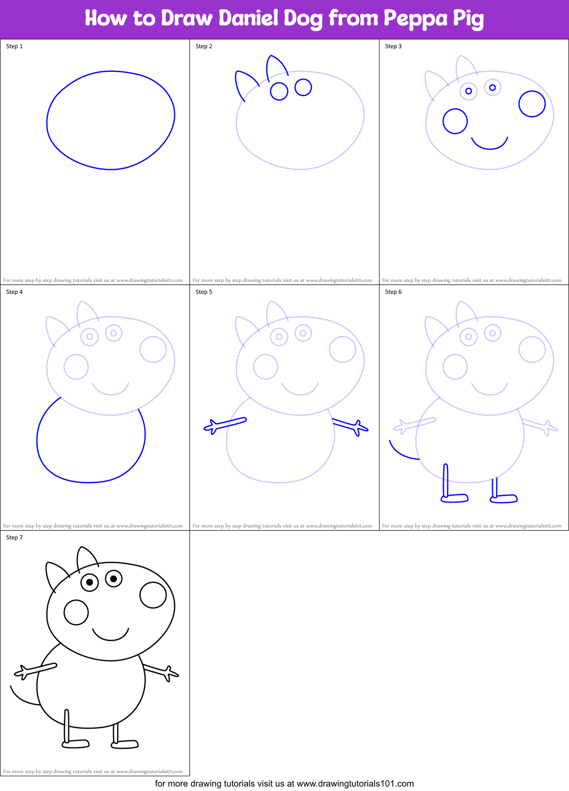 How to Draw Daniel Dog from Peppa Pig Printable Step by Step