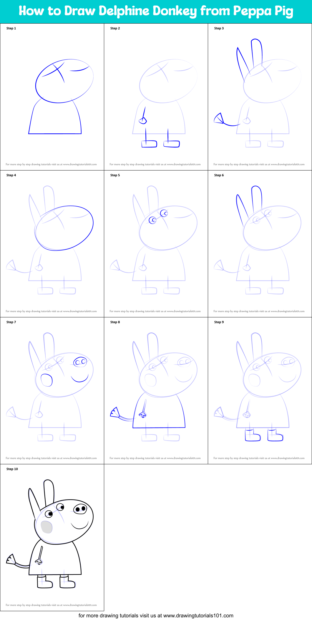 How to Draw Delphine Donkey from Peppa Pig Printable Step by Step