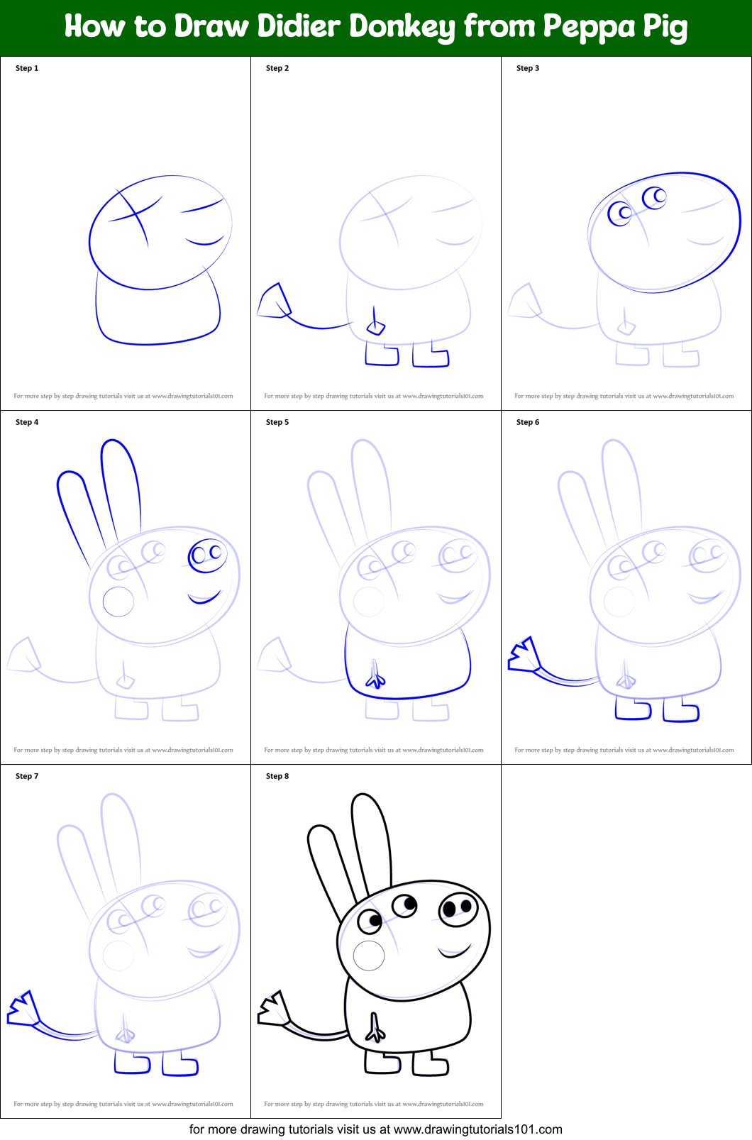 How to Draw Didier Donkey from Peppa Pig Printable Step by Step
