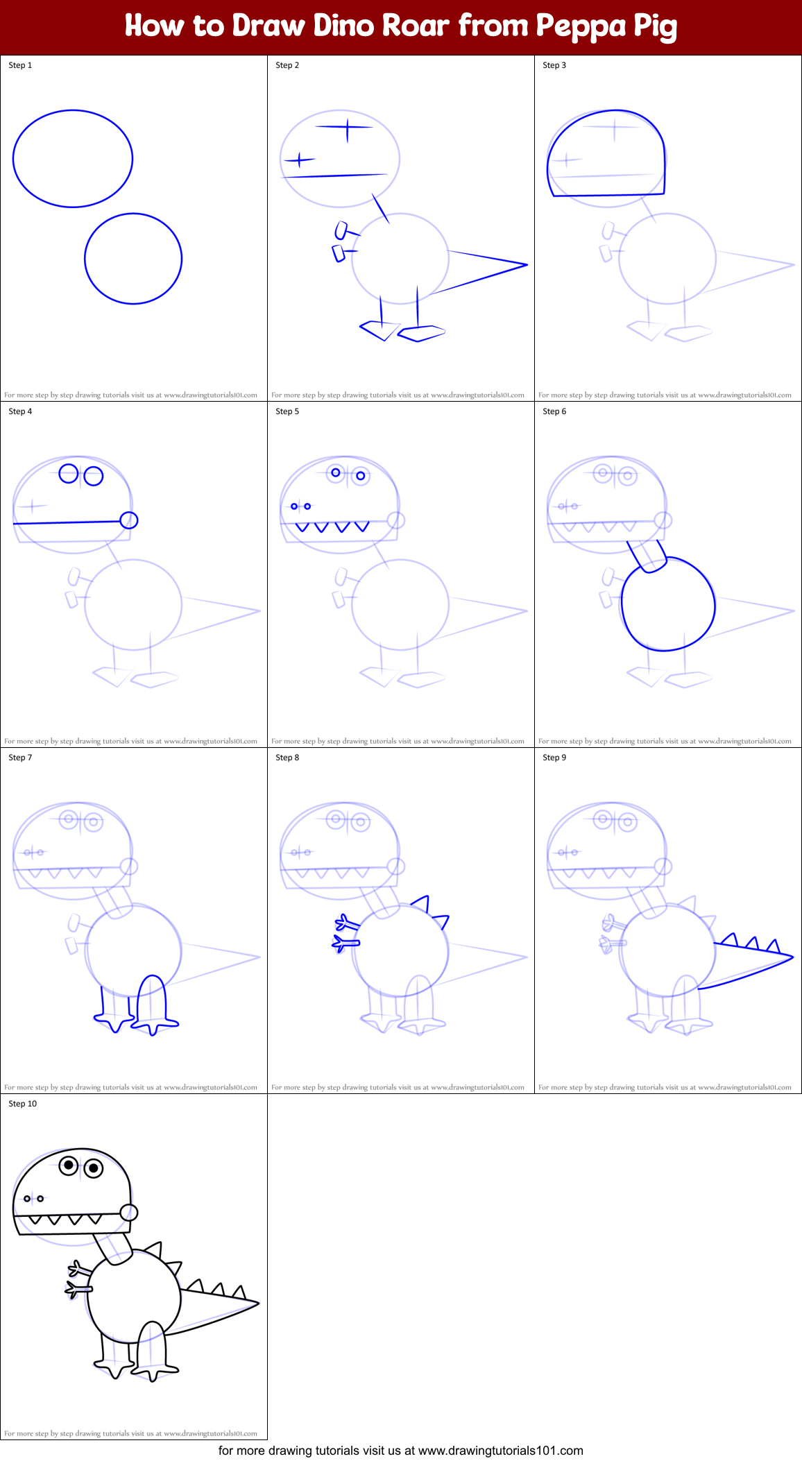 How to Draw Dino Roar from Peppa Pig Printable Step by Step