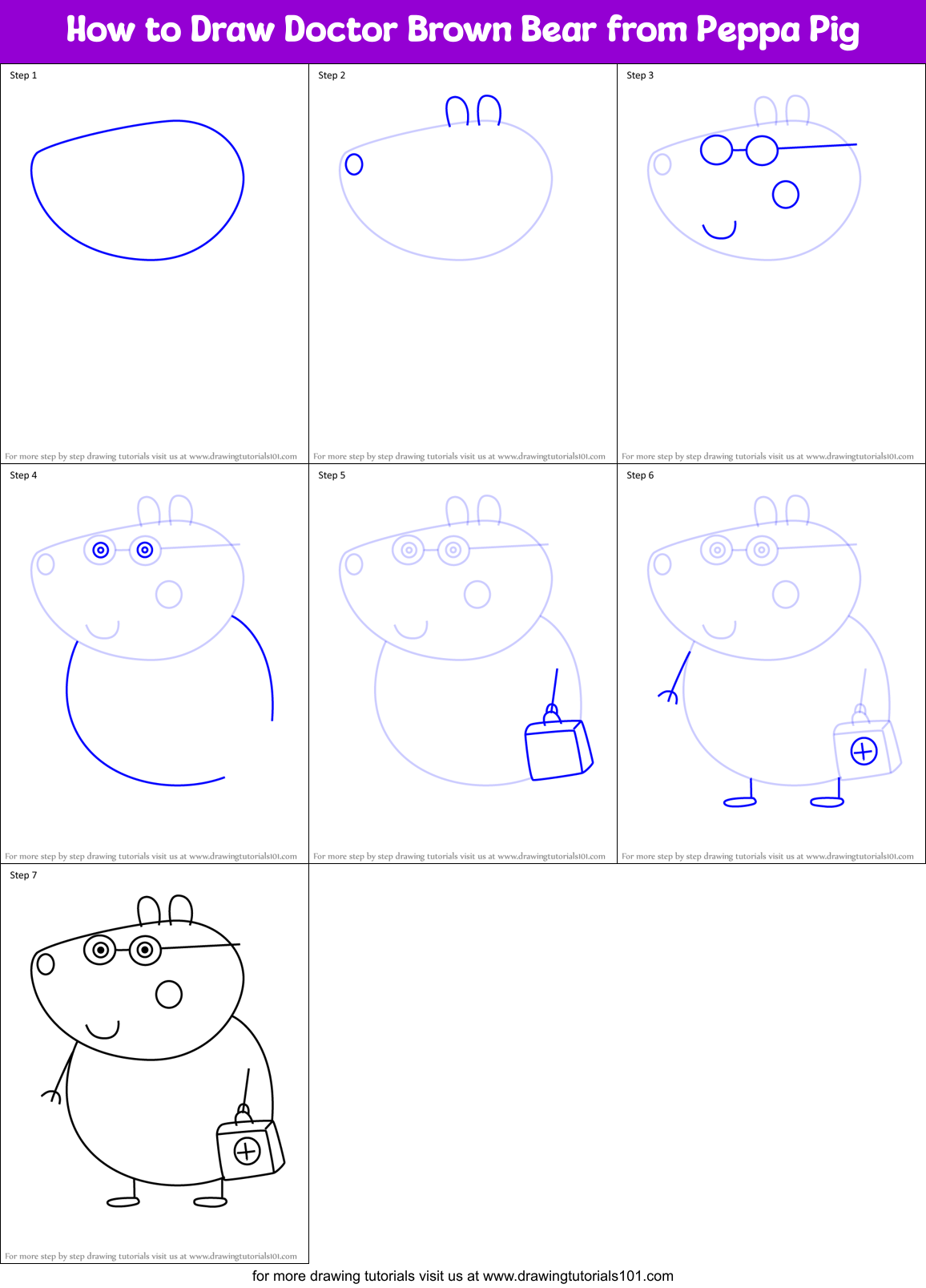 How to Draw Doctor Brown Bear from Peppa Pig Printable Step by Step