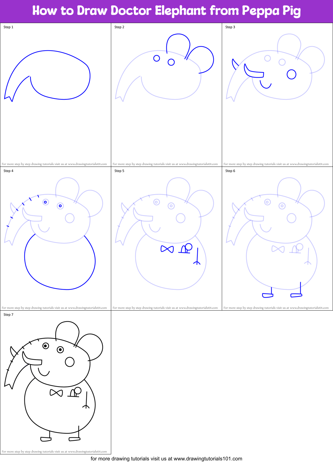 How to Draw Doctor Elephant from Peppa Pig Printable Step by Step